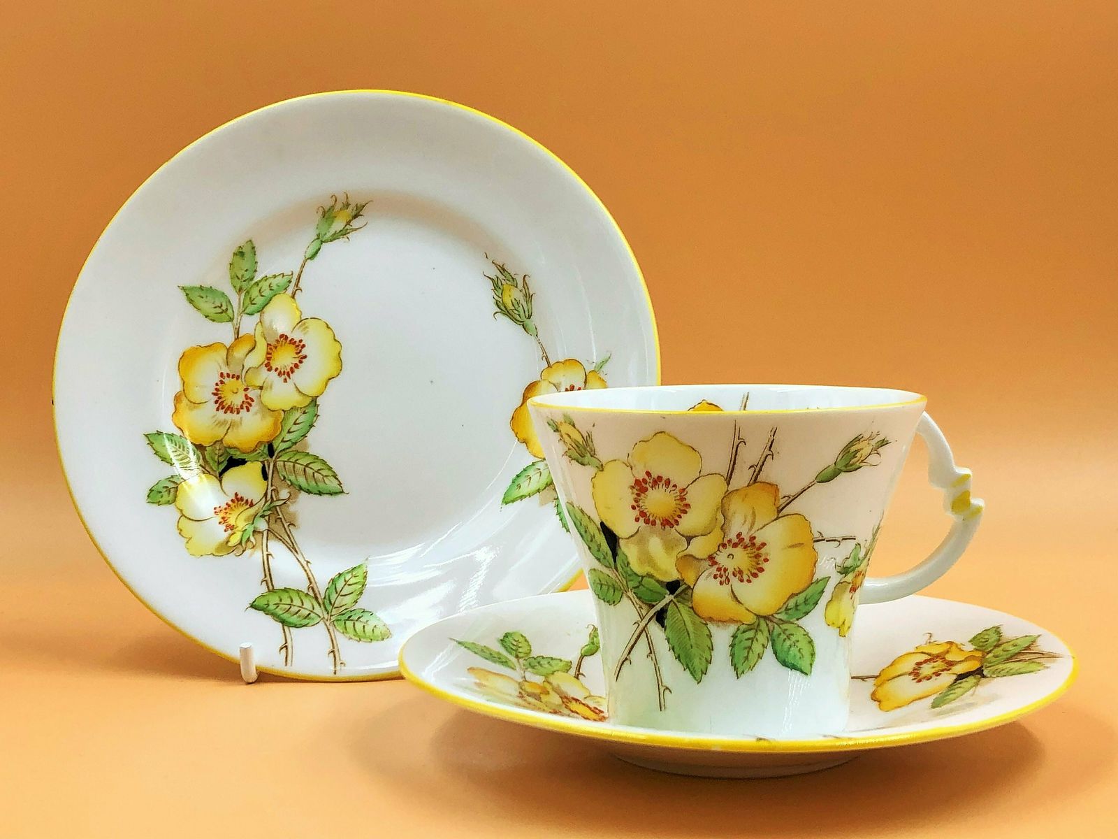 Royal Albert Crown China Art Deco Shape Wild Rose Yellow Trim Design Tea Trio. 794028. 9351.