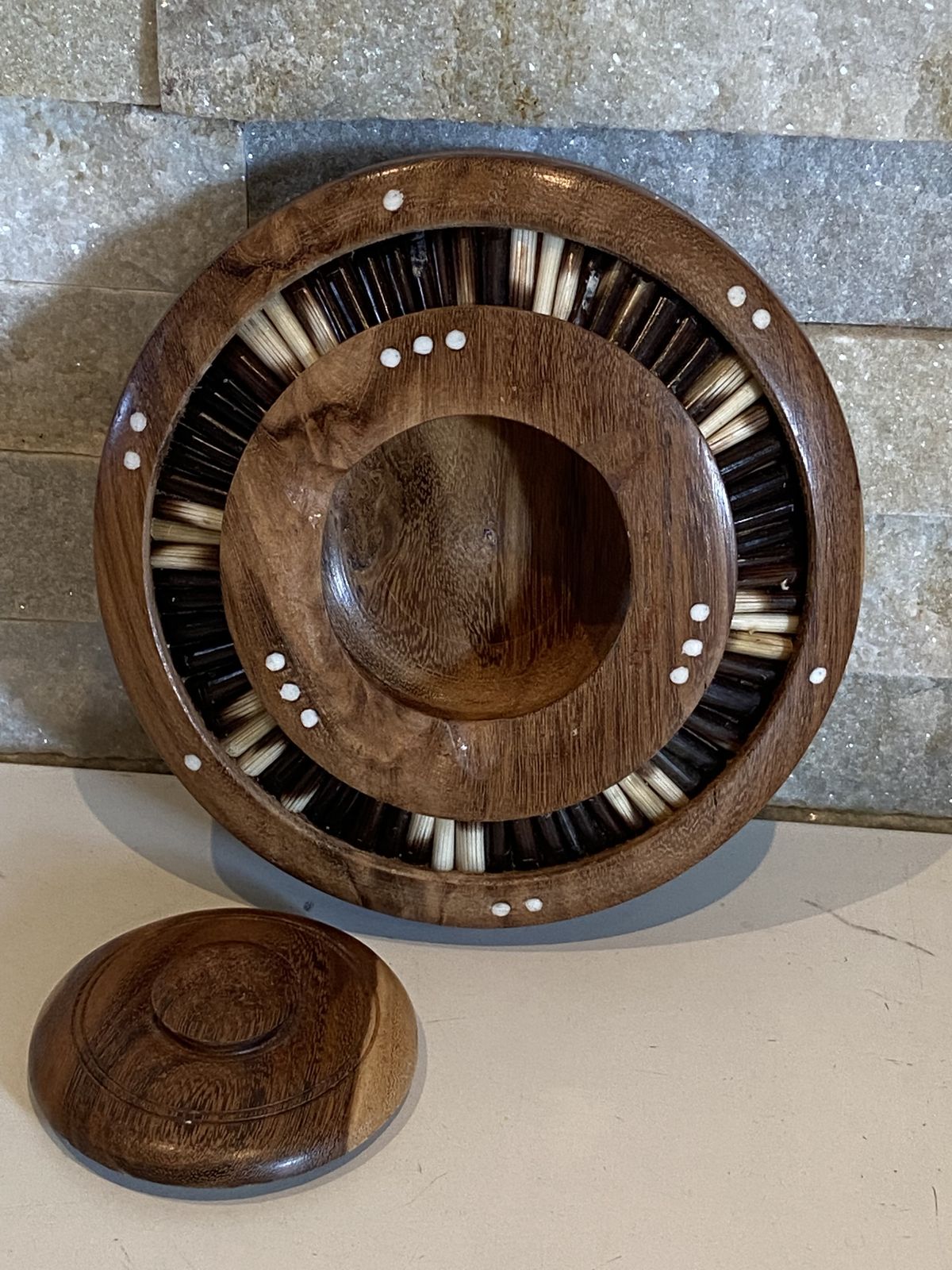 Antique Porcupine Quill Lidded Walnut Wooden Desk Box Bowl Cigarettes Holer Ashtray photo furniture