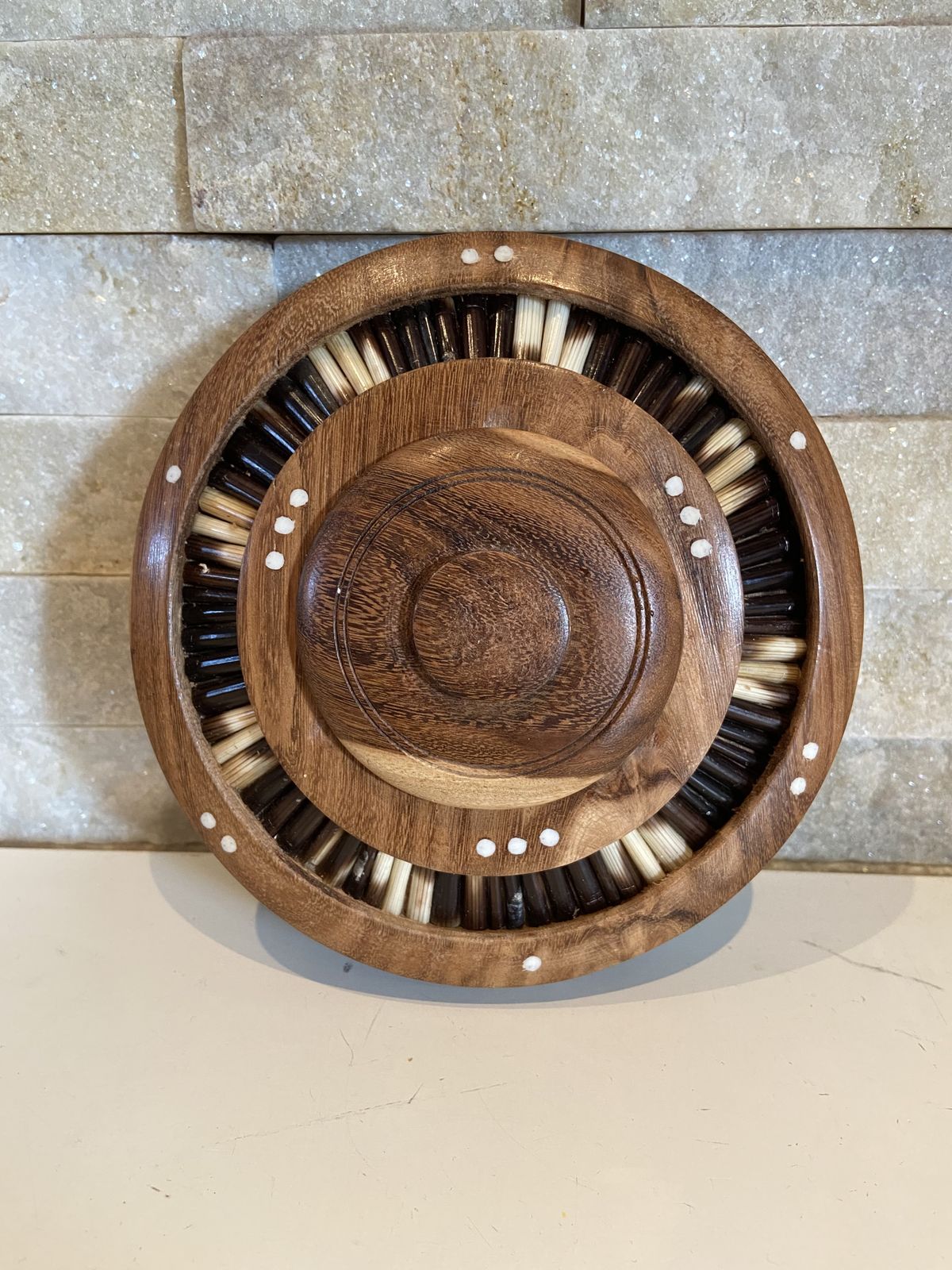Antique Porcupine Quill Lidded Walnut Wooden Desk Box Bowl Cigarettes Holer Ashtray photo buy