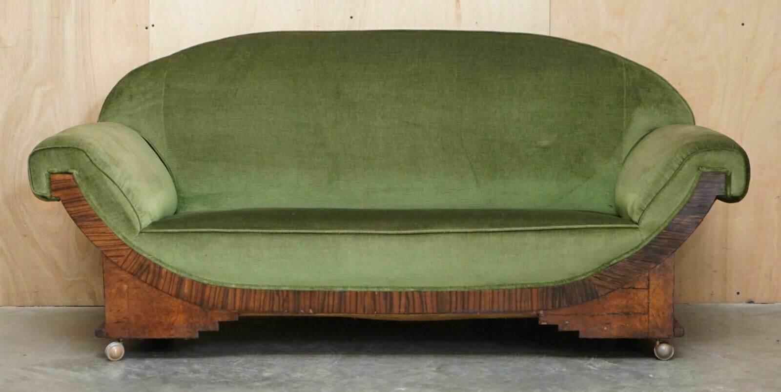 Stylish Antique Art Deco Cir 1920 Burr Walnut Green Velour Sofa Part Of A Suite photo furniture