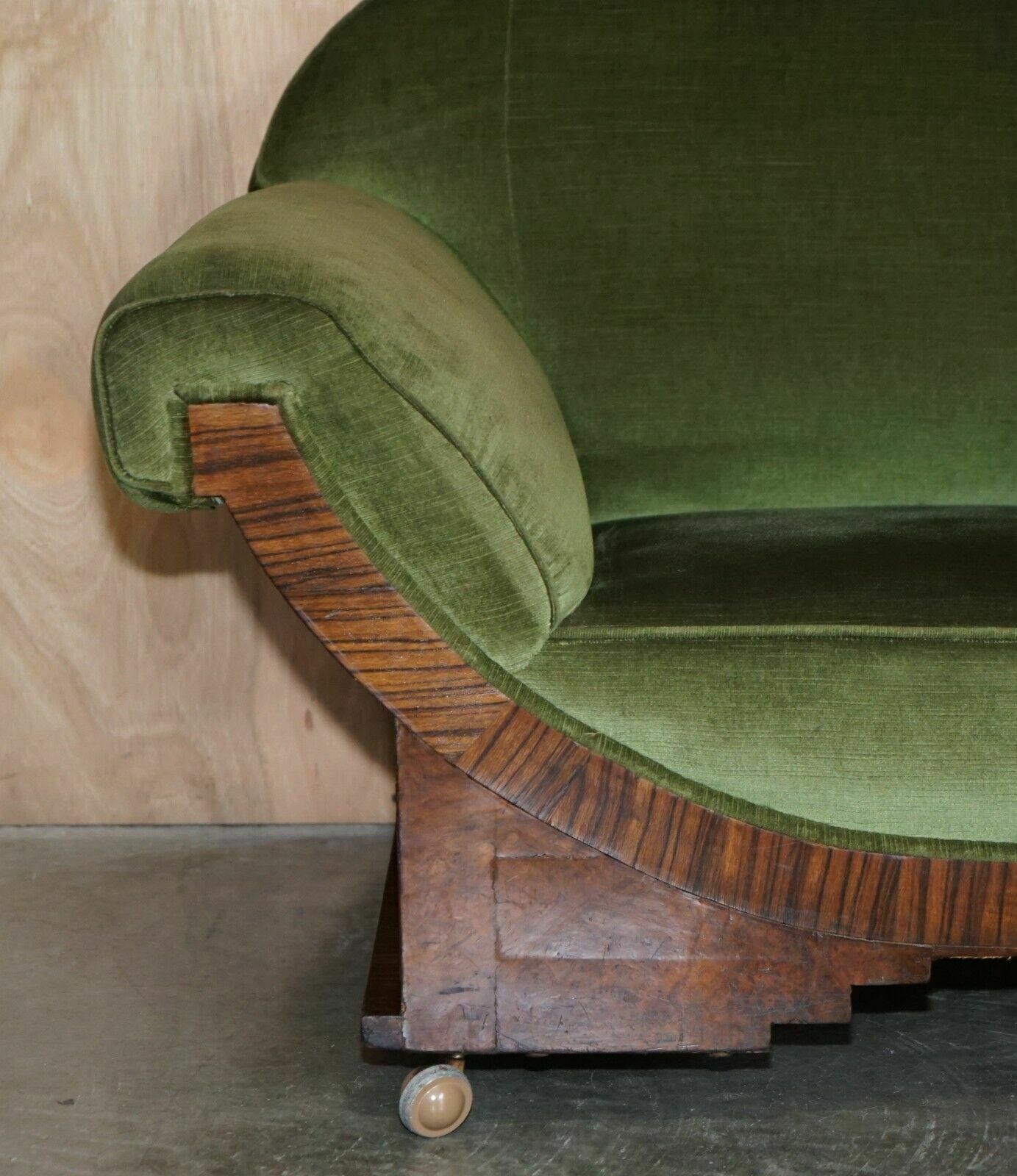 Stylish Antique Art Deco Cir 1920 Burr Walnut Green Velour Sofa Part Of A Suite photo for sale