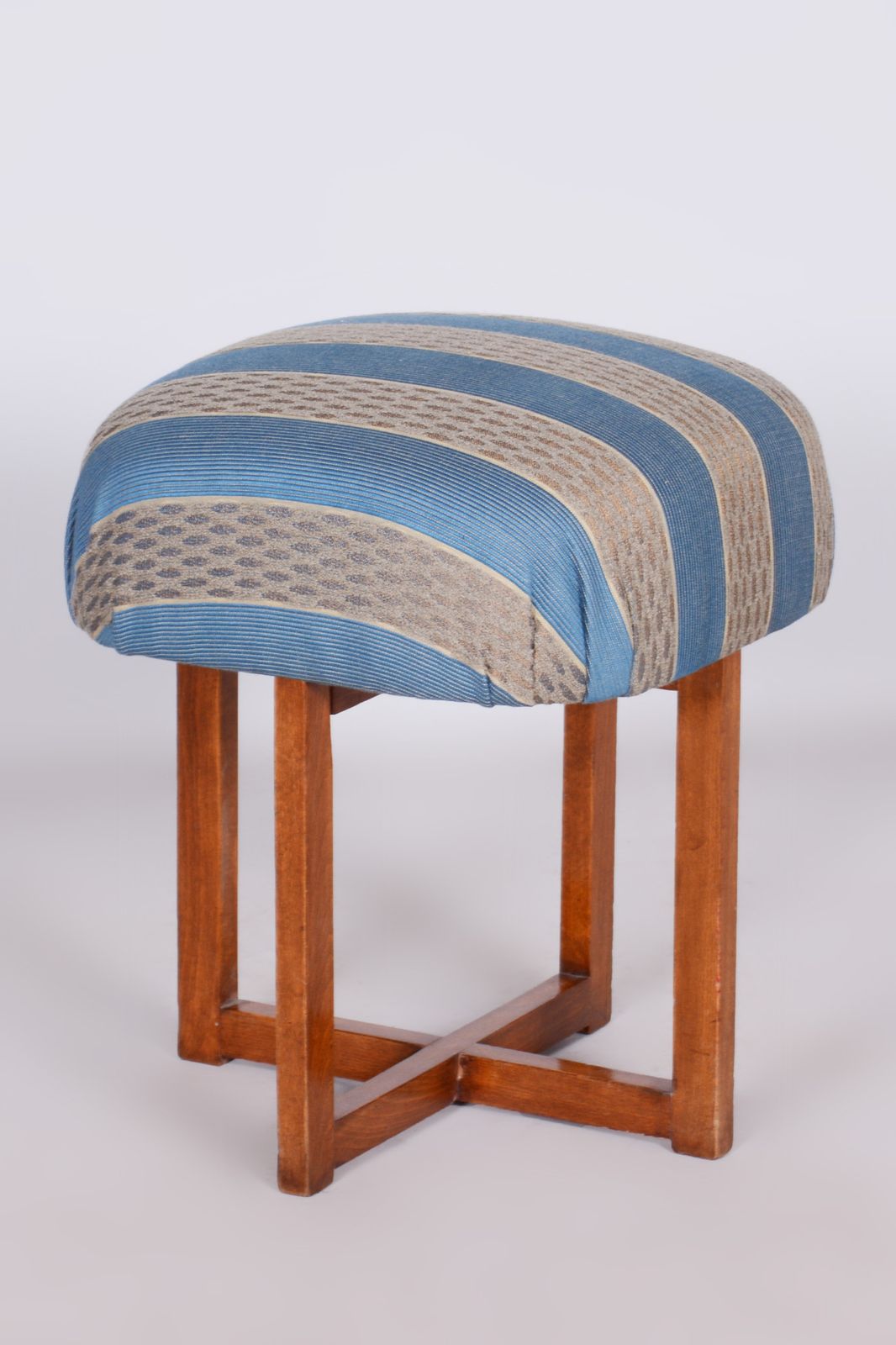 Restored Art Deco Beech Stool, New Upholstery, Revived Polish, Czechia, 1930s