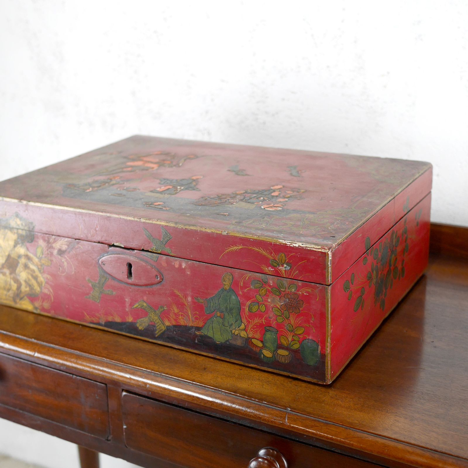 Antique Wig Jewelry Red Wooden Box Chinoiserie photo buy