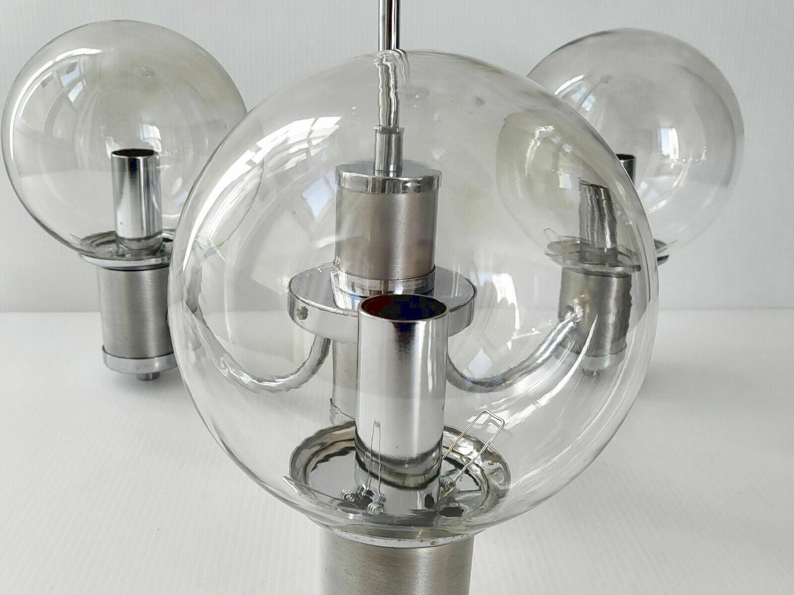 photo for sale Vintage Pendant Chandelier 1970 Chrome Steel & Brushed Glass 70s 1970s Retro