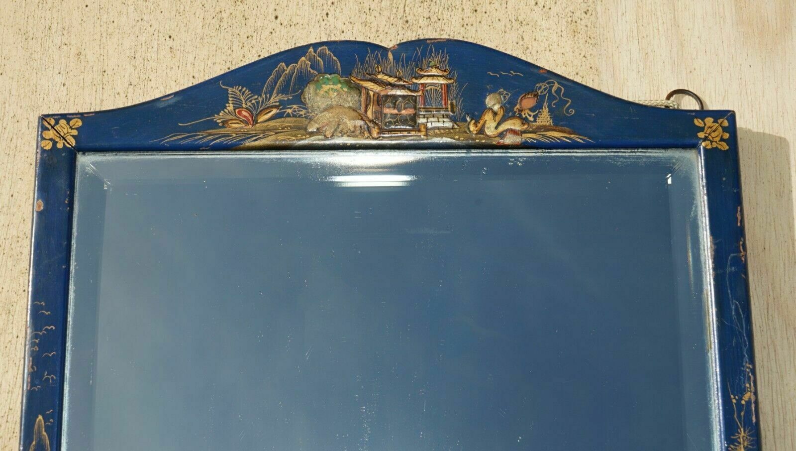 Lovely Antique Chinese Chinoiserie Blue Framed Mirror With Ornate Hand Paintings photo for sale
