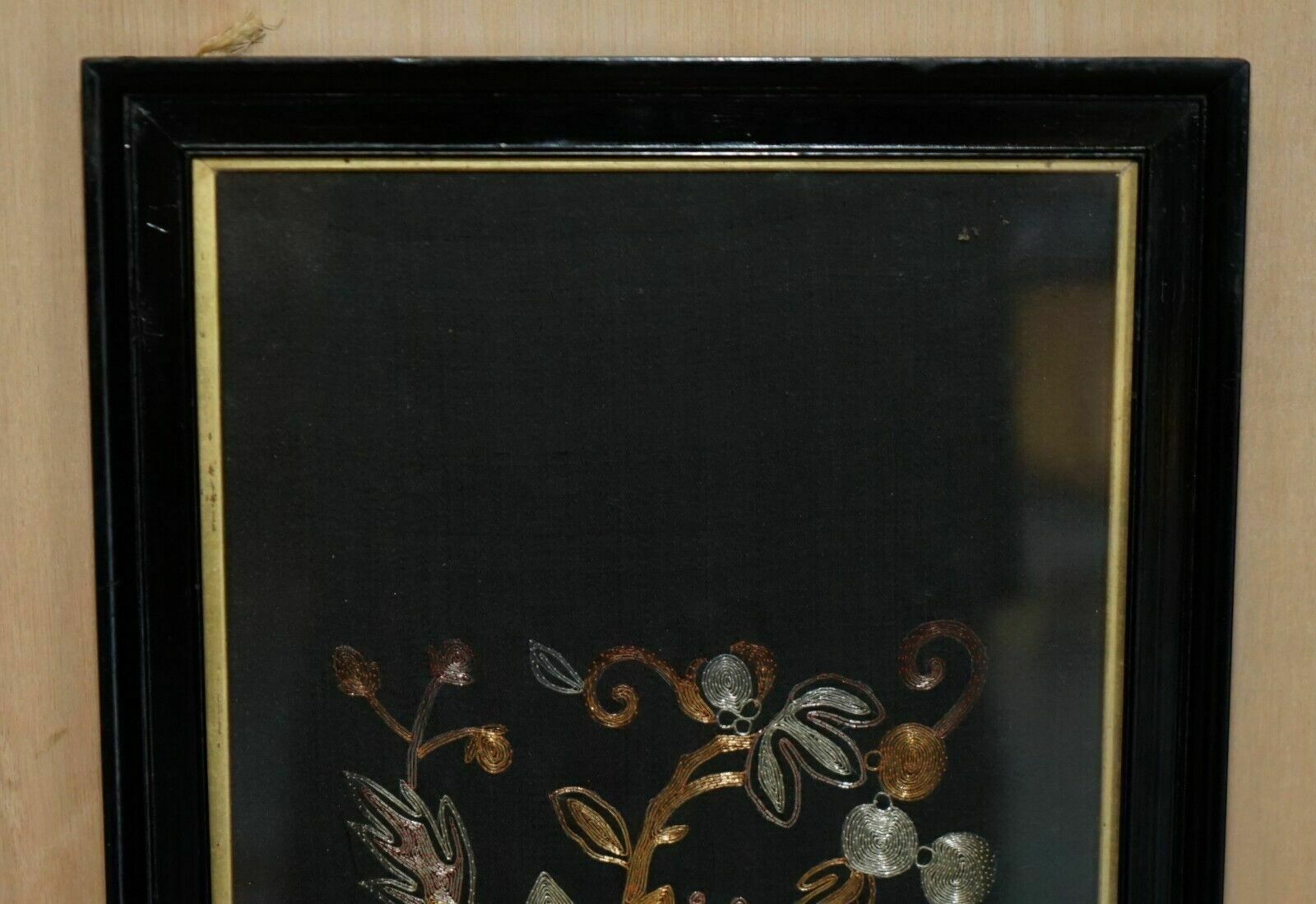 Pair Of 19th Century Chinese Bird & Flowers Gold Silver Stitch Silk Embroideries photo for sale