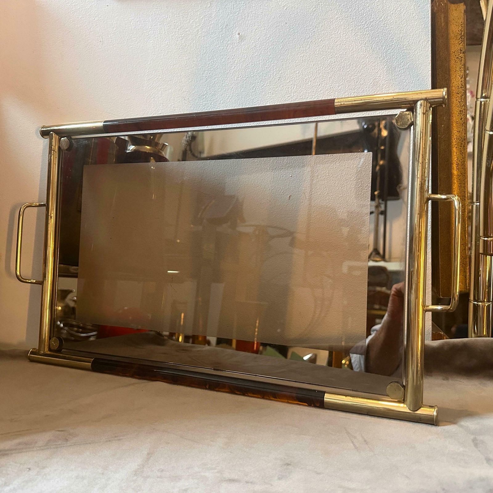 photo furniture 1970s Mid Century Modern Brass Lucite And Smoked Glass Italian Tray