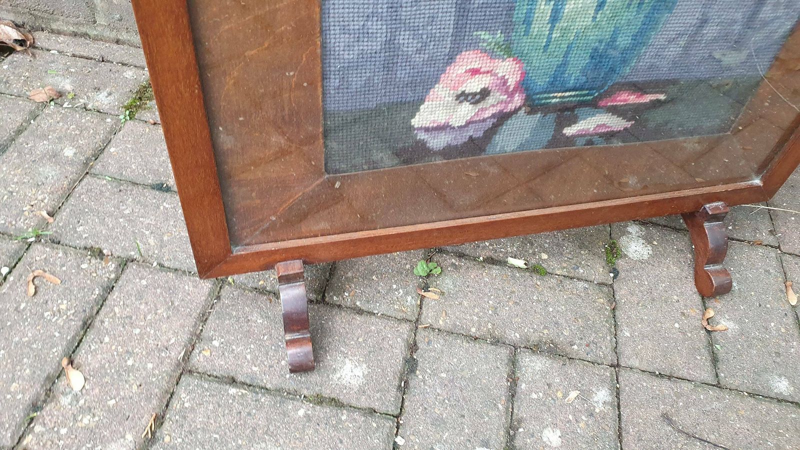 Imposing Vintage Pre War Mahogany Tapestry Fire Screen Guard Glazed photo vinterior
