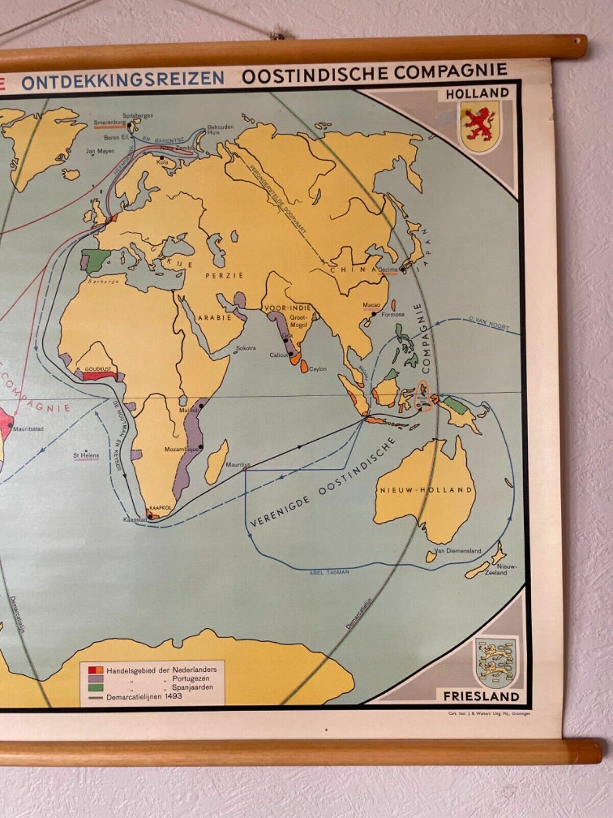 Vintage World Map Exploratory Voyages Of The Dutch East India Company History photo for sale