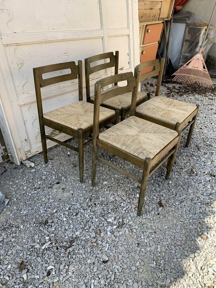 Rustic Wooden Dining Chairs With Straw Seats, 1970s, Set Of 4