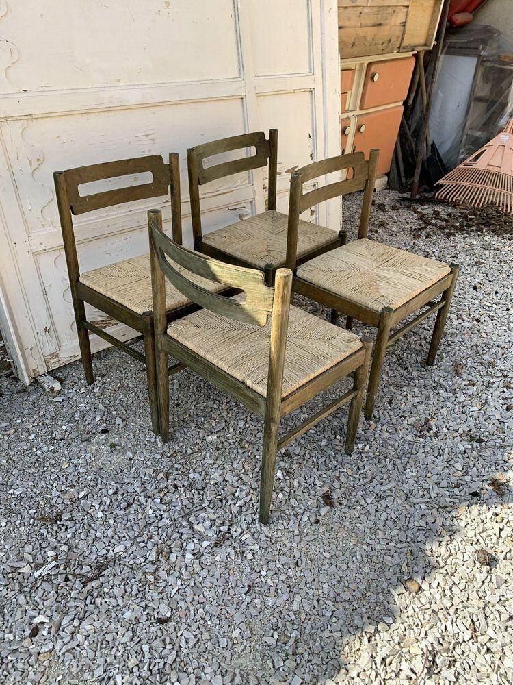 Rustic Wooden Dining Chairs With Straw Seats, 1970s, Set Of 4 photo for sale