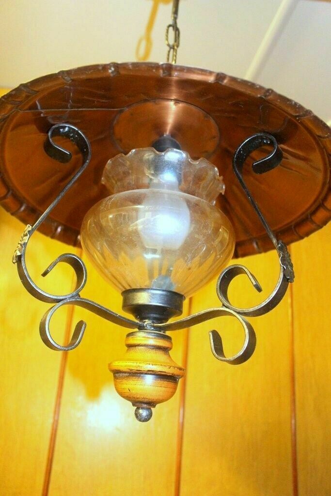 Italian Copper & Cast Iron Pendant Ceiling Lamp 1 Light Chandelier 70 H X 40 W