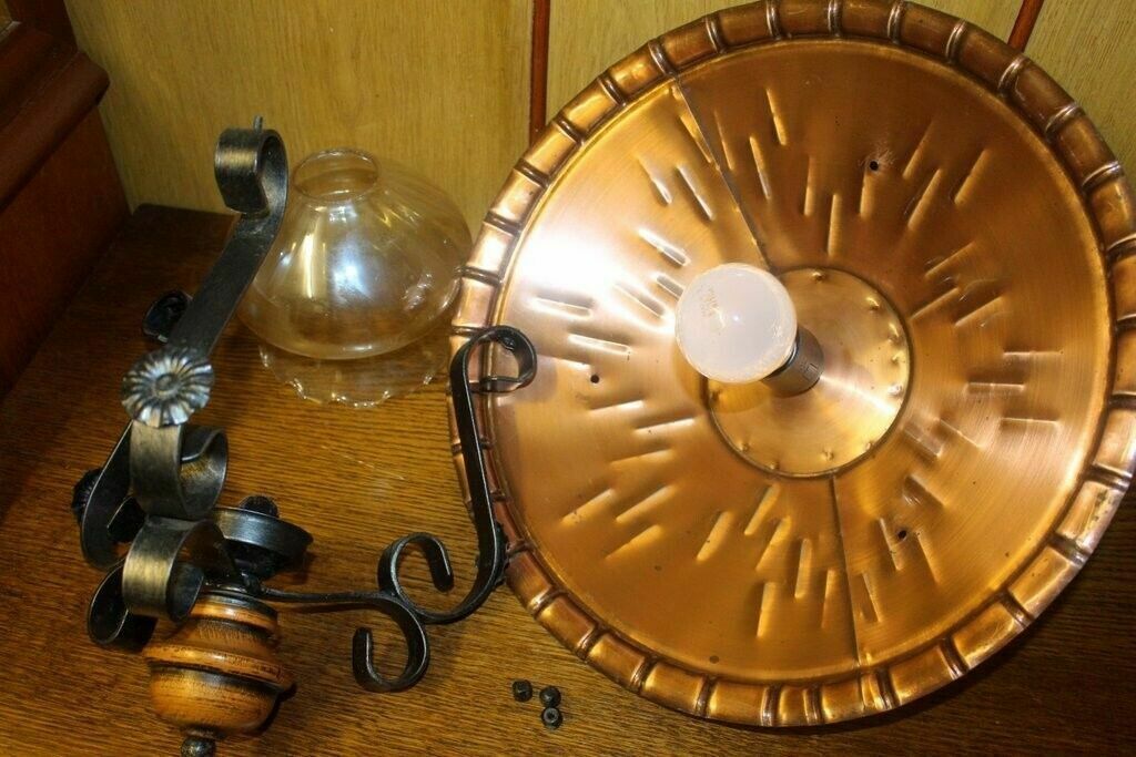 Italian Copper & Cast Iron Pendant Ceiling Lamp 1 Light Chandelier 70 H X 40 W photo Lighting