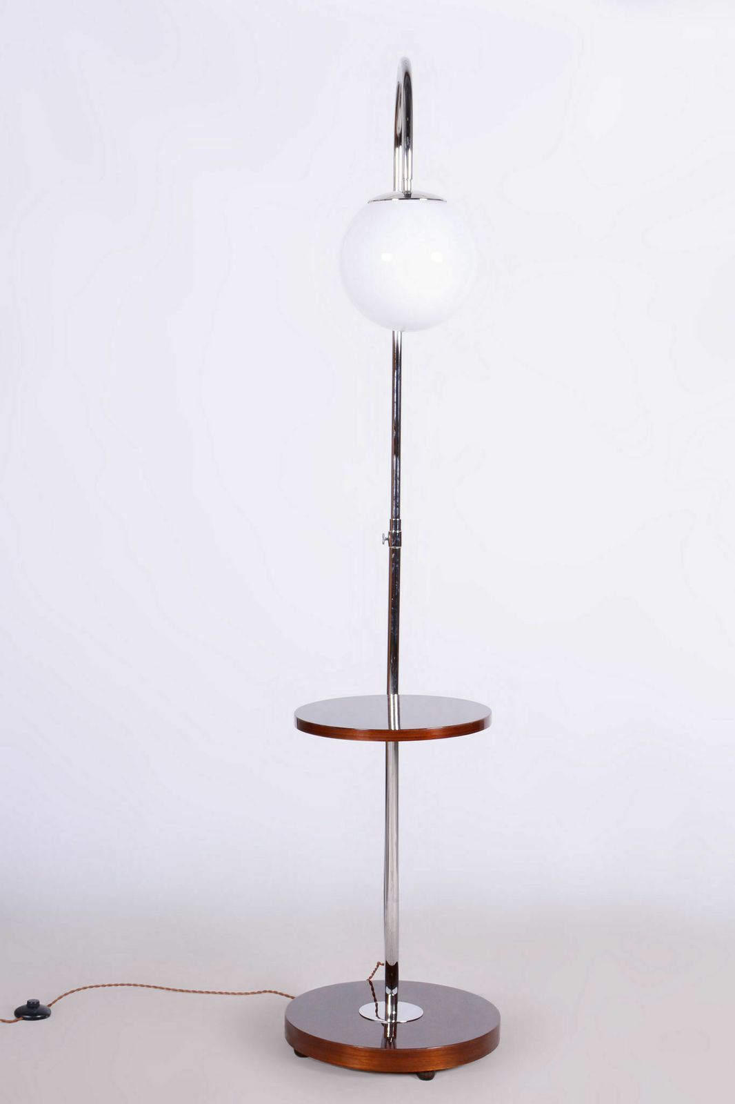 Restored Artdeco Floor Lamp, J. Halabala, Up Zavody, New Electrification, Luxury Design, Walnut, Chrome, Opal Glass, Czechia, 1930s photo for sale