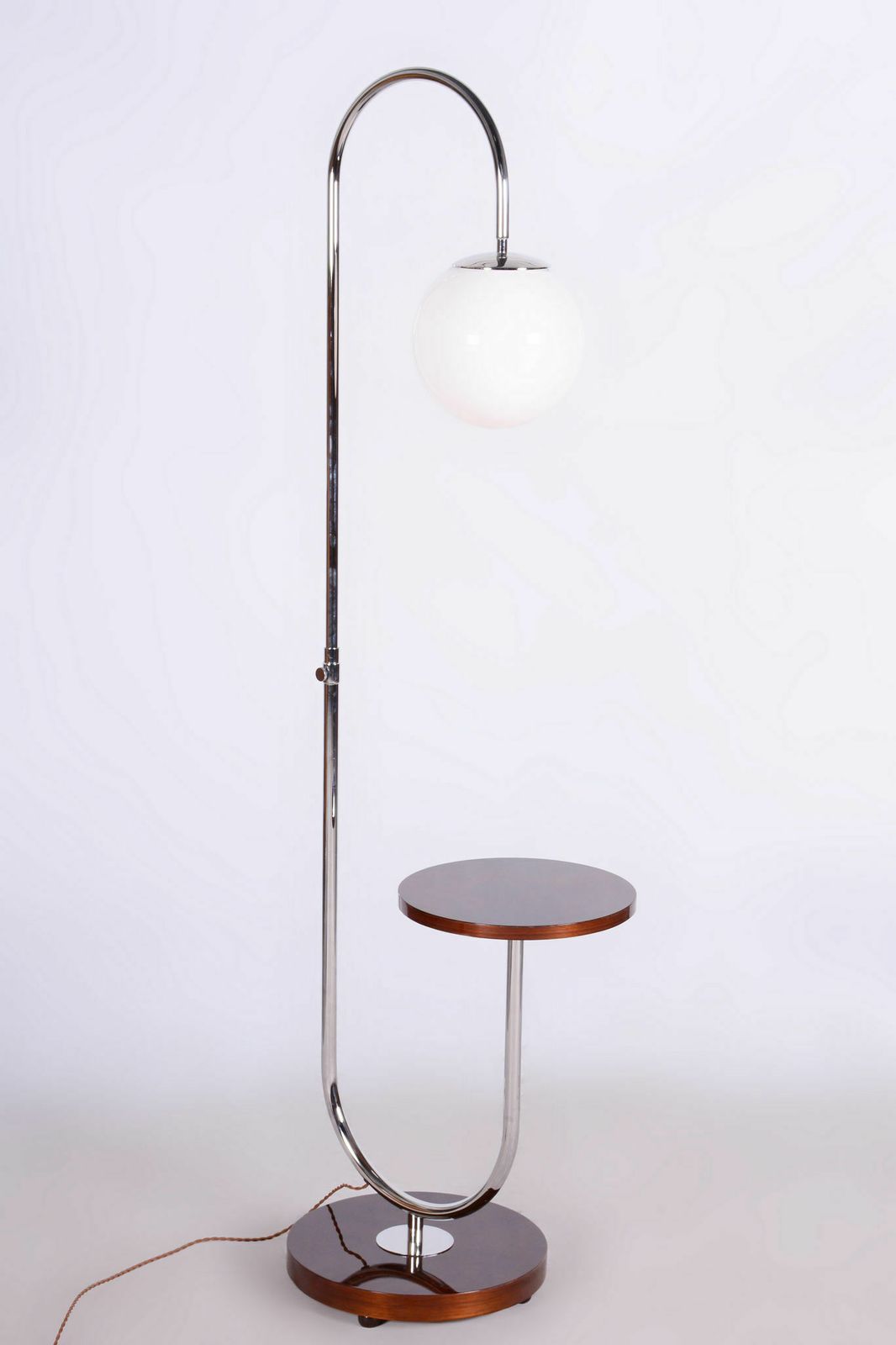 Restored Artdeco Floor Lamp, J. Halabala, Up Zavody, New Electrification, Luxury Design, Walnut, Chrome, Opal Glass, Czechia, 1930s photo vinterior
