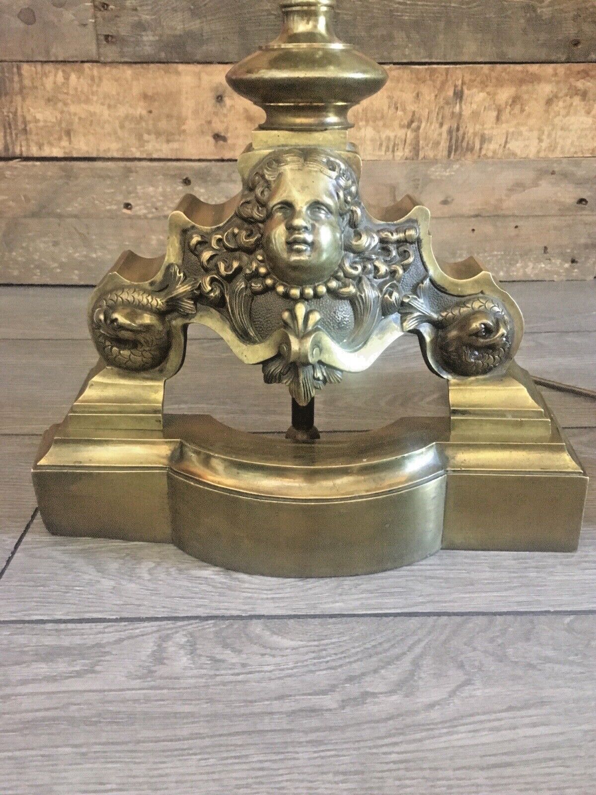 Grand Pair Of Antique Brass Putti Dolphin Fireside Andiron Table Lamps Fire Dogs photo Lighting