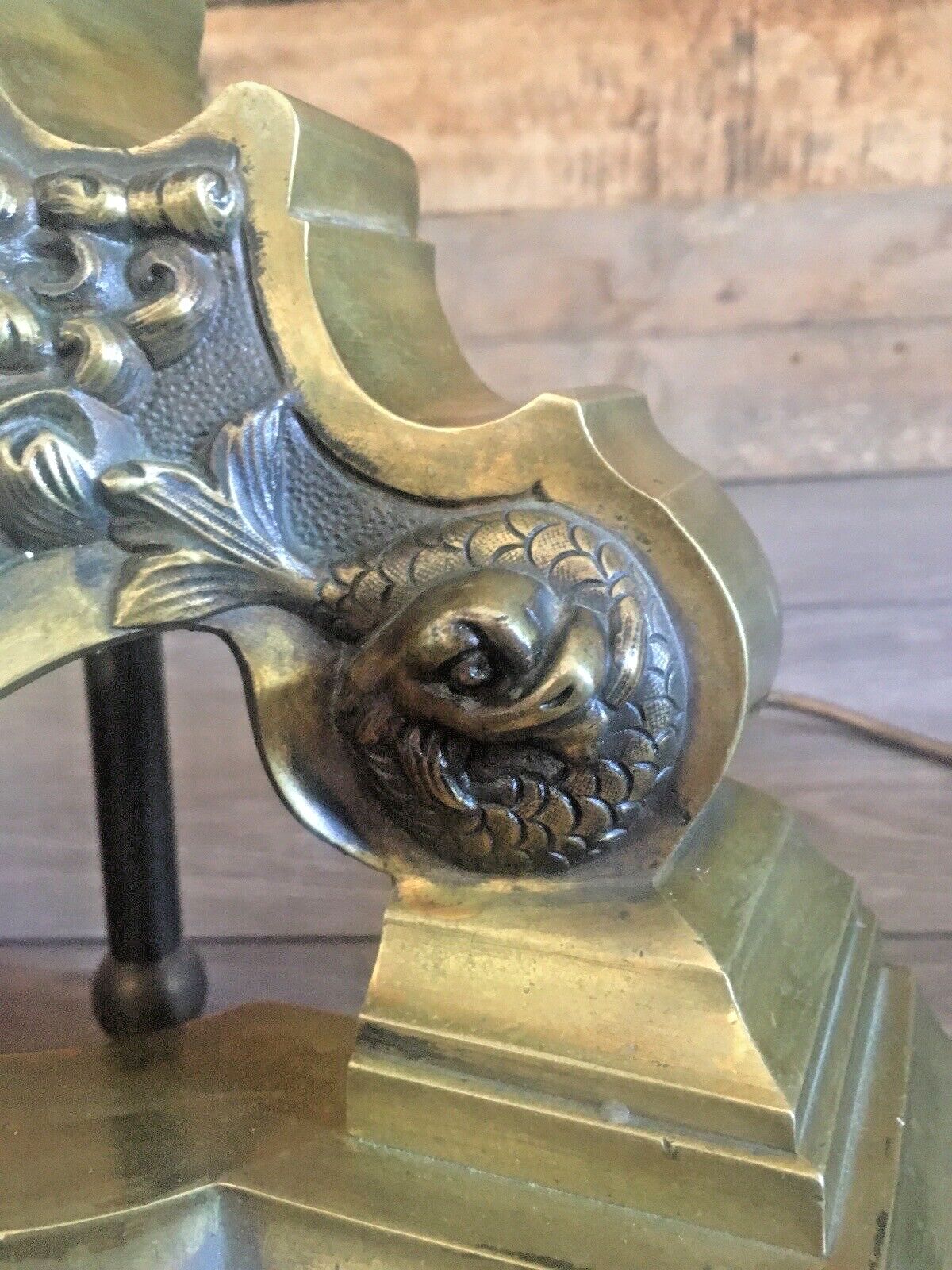 Grand Pair Of Antique Brass Putti Dolphin Fireside Andiron Table Lamps Fire Dogs photo buy