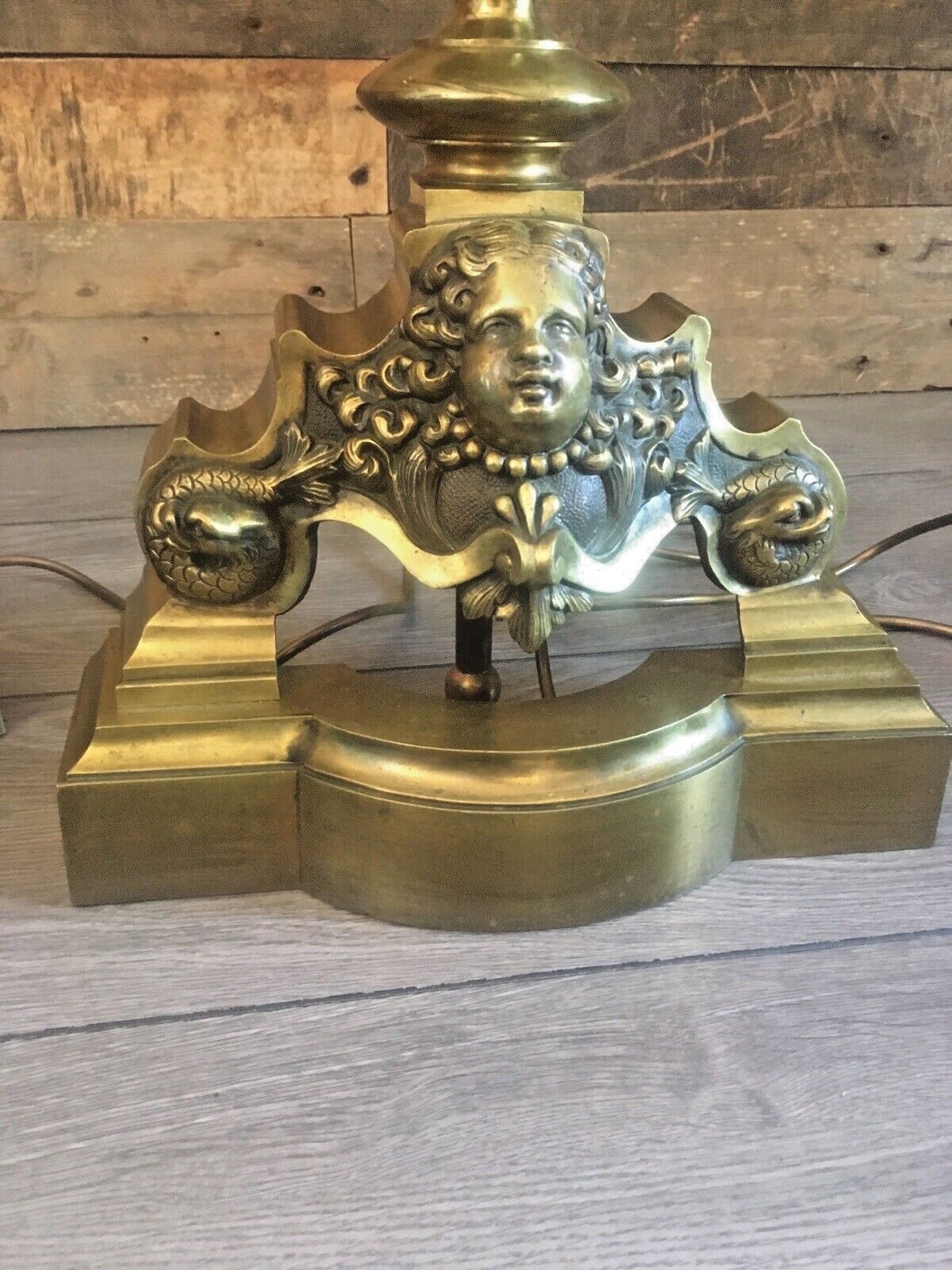 photo furniture Grand Pair Of Antique Brass Putti Dolphin Fireside Andiron Table Lamps Fire Dogs