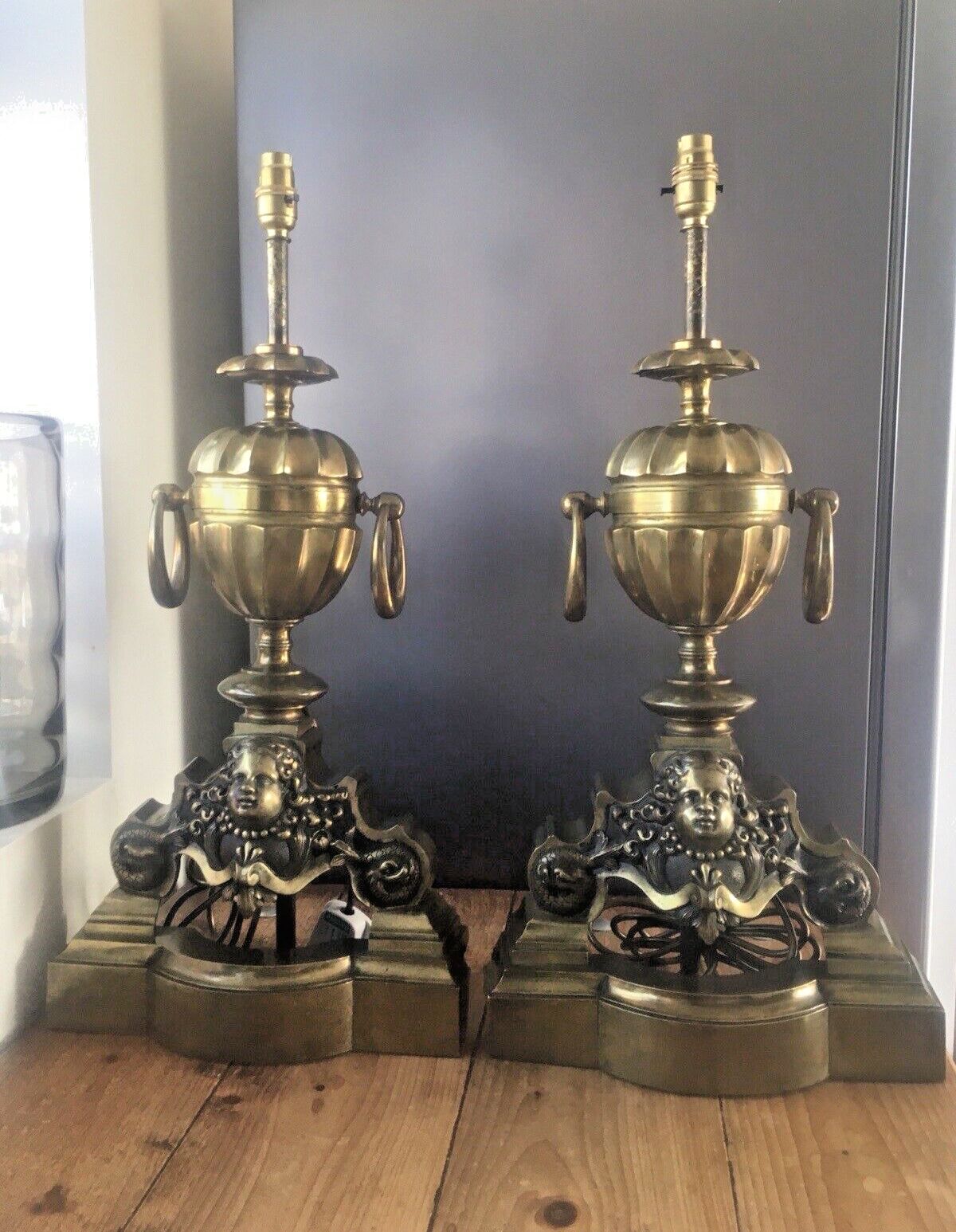 Lighting Grand Pair Of Antique Brass Putti Dolphin Fireside Andiron Table Lamps Fire Dogs photo