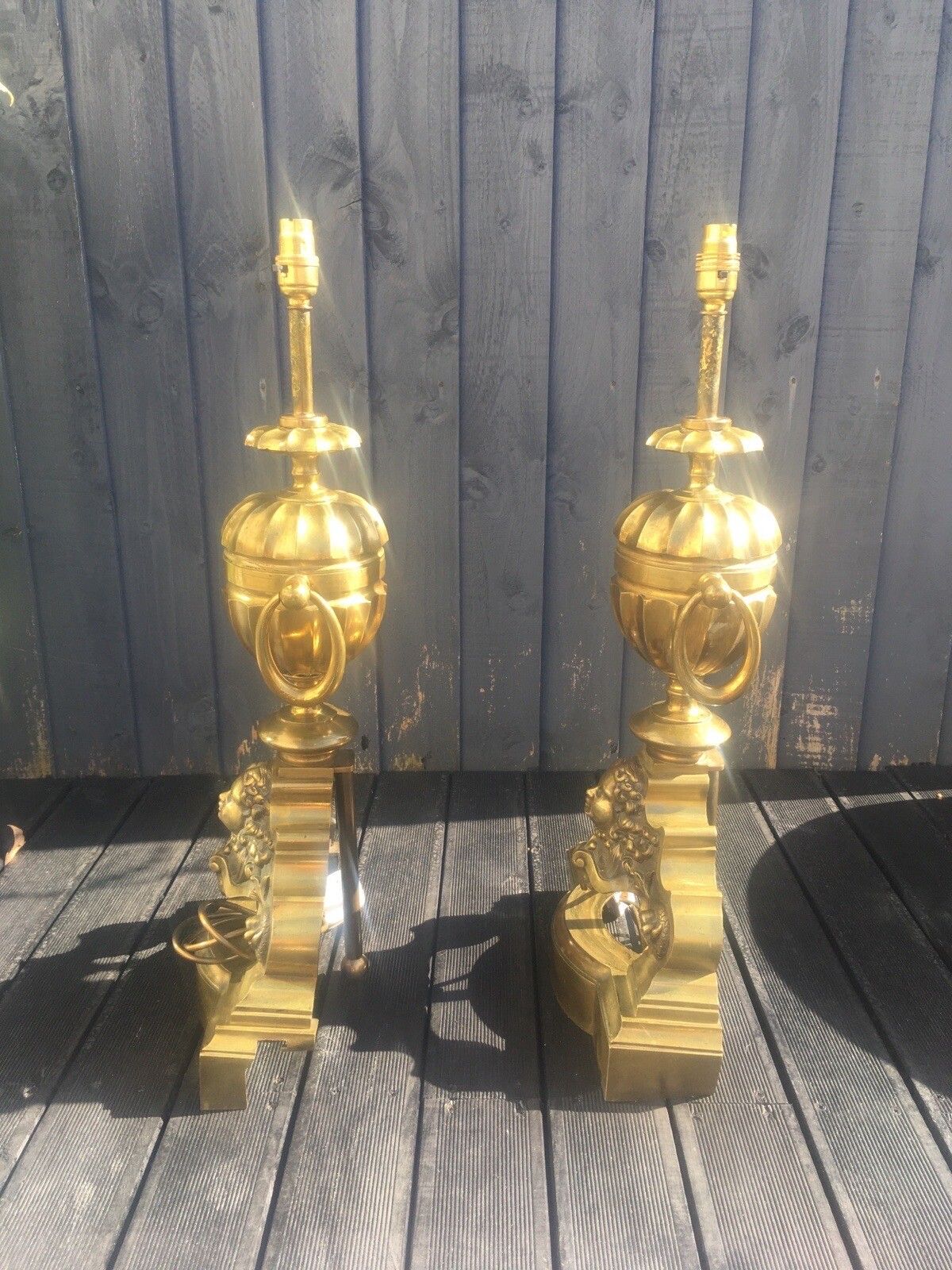 photo buy Grand Pair Of Antique Brass Putti Dolphin Fireside Andiron Table Lamps Fire Dogs