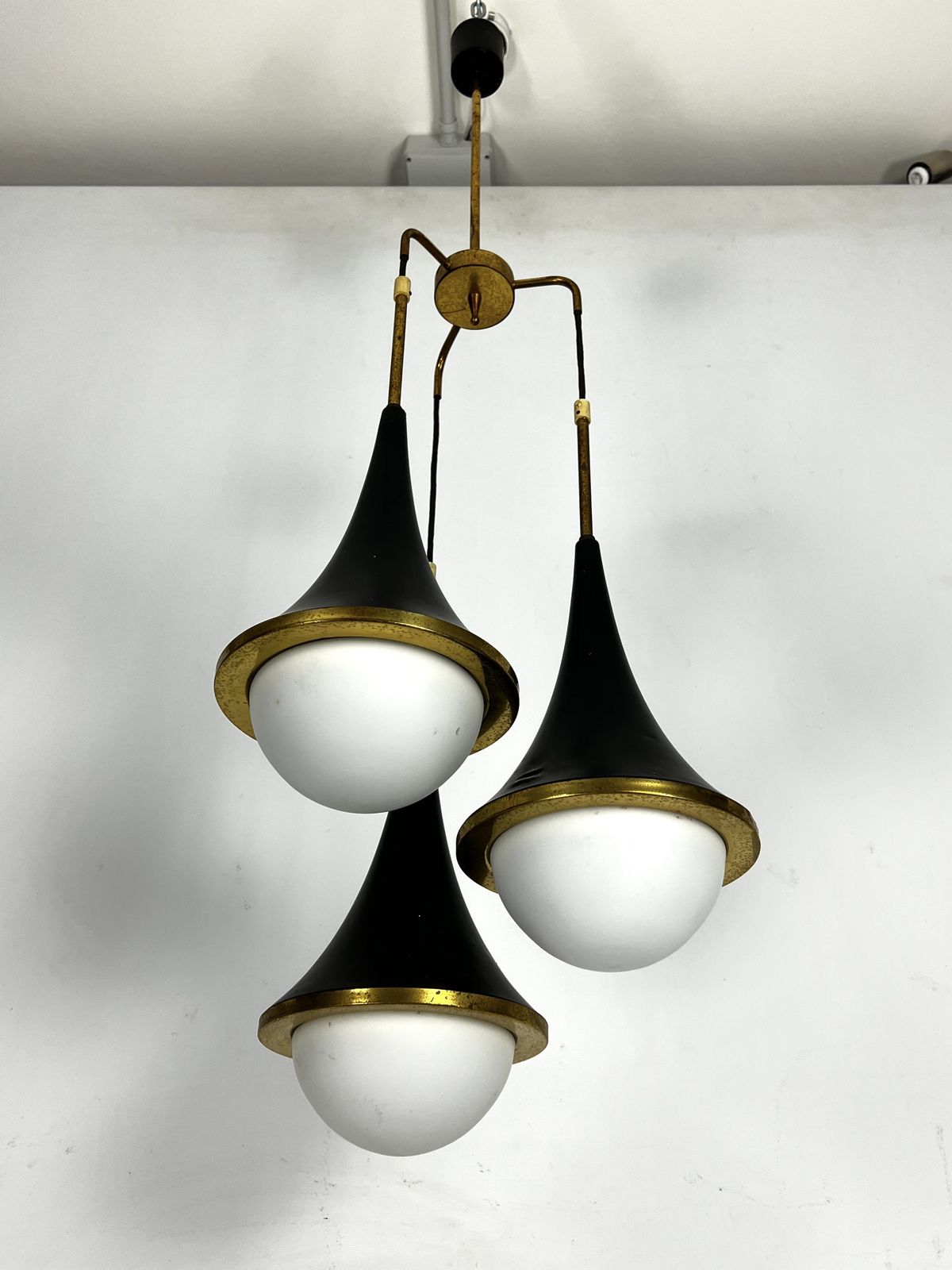 Mis Century Stilnovo Pendant With Three Lights. Italy 1950s photo for sale