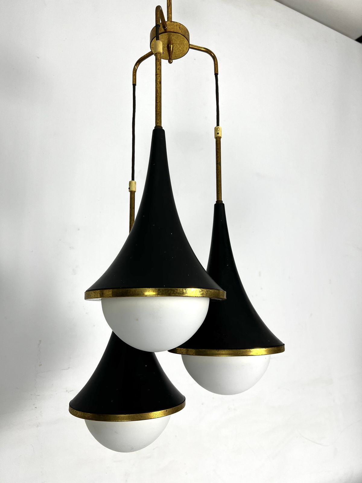 Lighting Mis Century Stilnovo Pendant With Three Lights. Italy 1950s photo