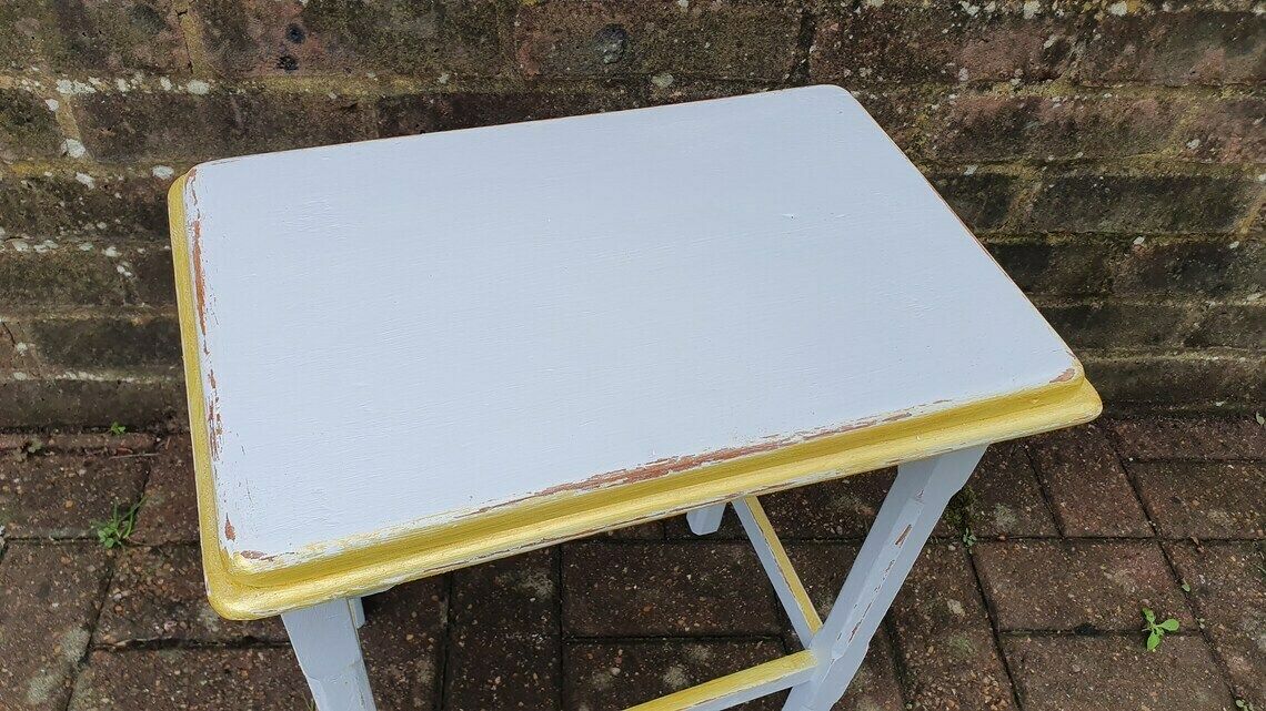Vintage Early 20th Century Coffee Side Table In Farrow And Ball  Borrowed Light  Duck Egg With Gold Highlights Hand Painted Bespoke Unique photo furniture