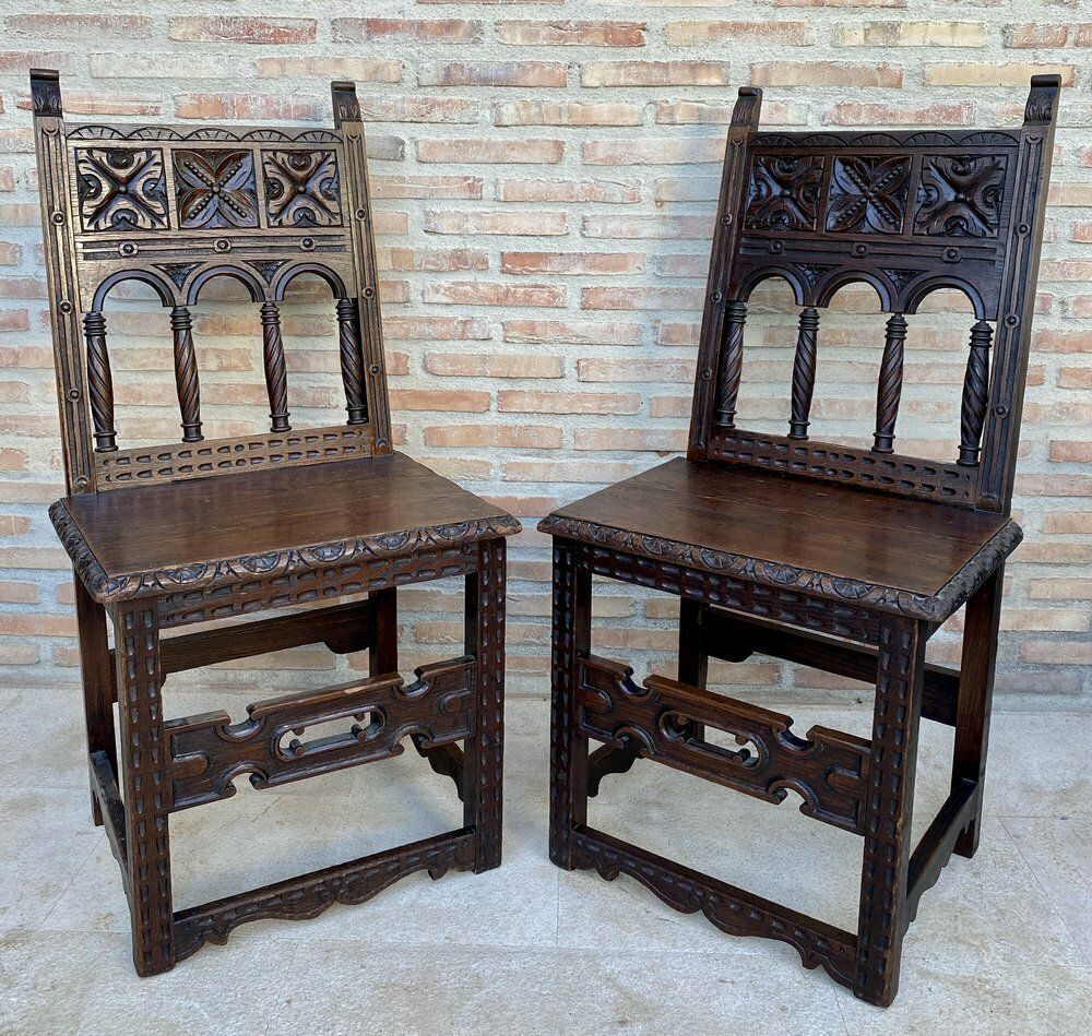 Early 20th Century Spanish Carved Chairs With Wood Seat, 1890s, Set Of 2 photo furniture