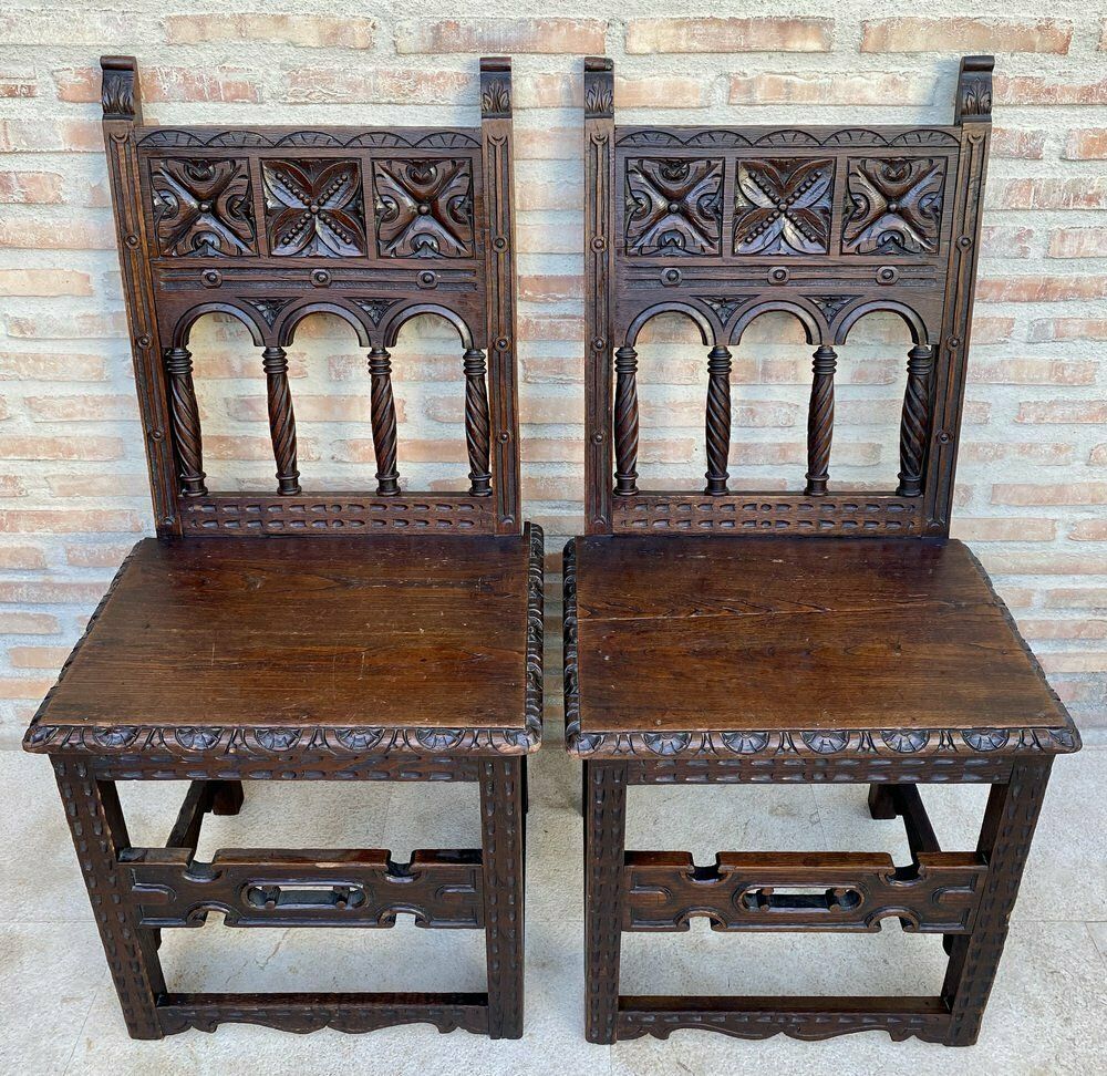 Early 20th Century Spanish Carved Chairs With Wood Seat, 1890s, Set Of 2 photo Furniture