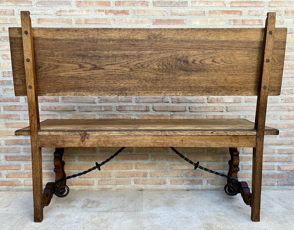 Spanish Renaissance Carved Oak Bench Banquette Escaño, 1890s photo vintage