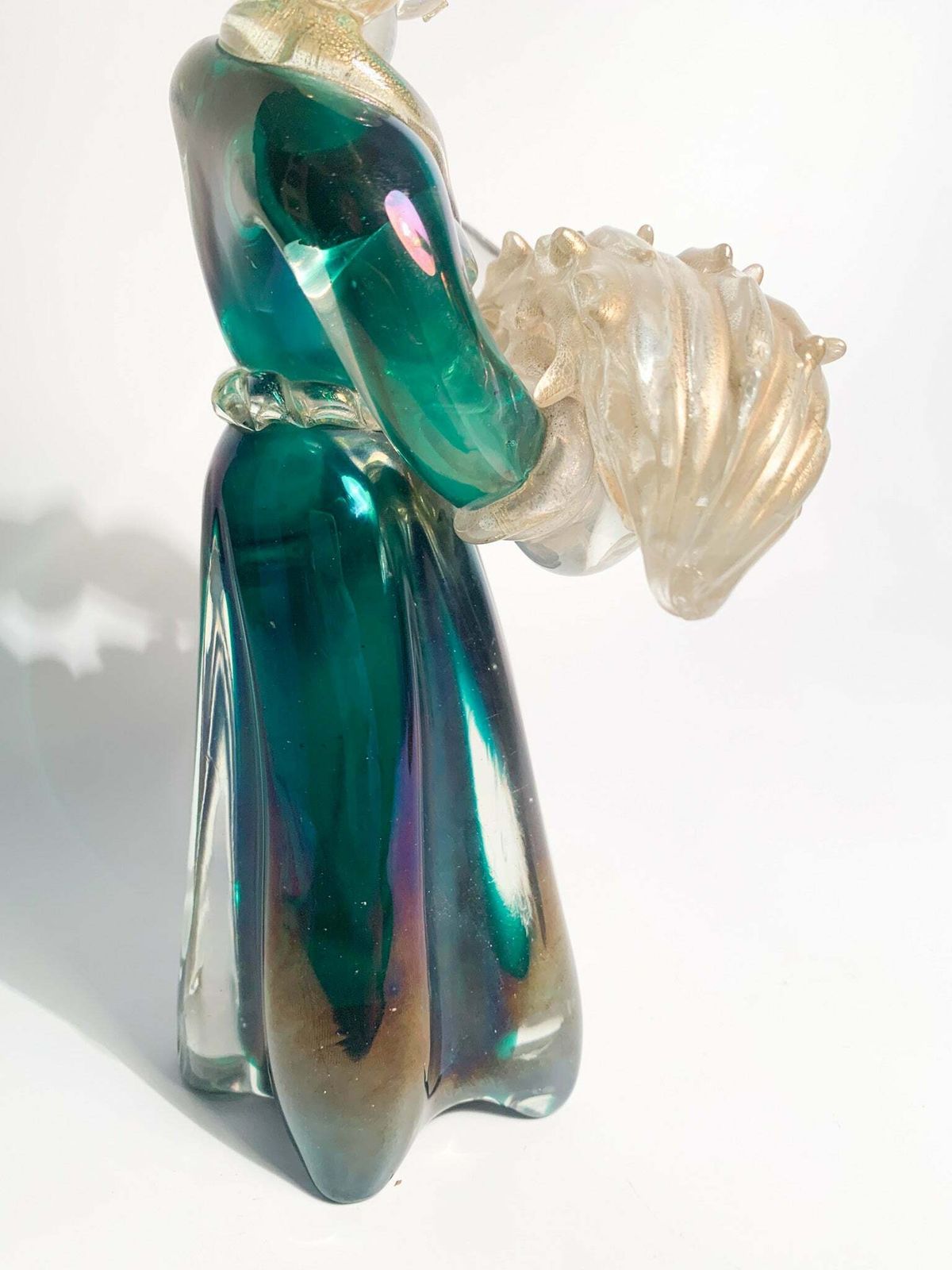 photo for sale Iridescent Murano Glass Sculpture With Gold Leaves By Archimede Seguso, 1940s