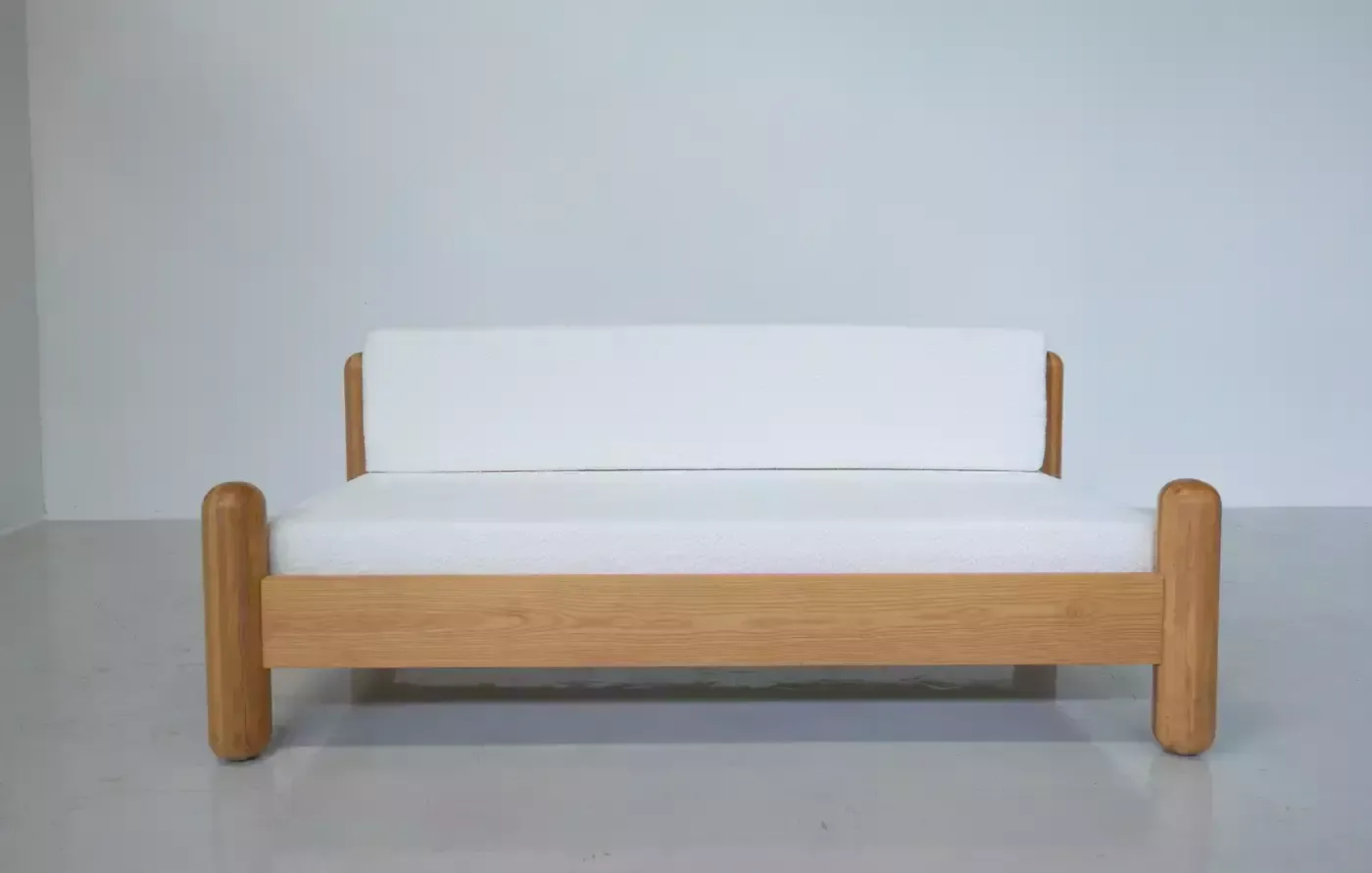 Mid Century Modern Italian Sofa, Wood And White Boucle Fabric, 1970s photo for sale