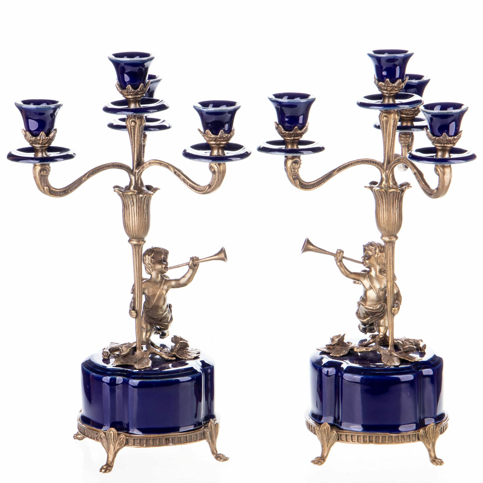 Bronze Candlestick Set With Porcelain Base (Set Of 2)