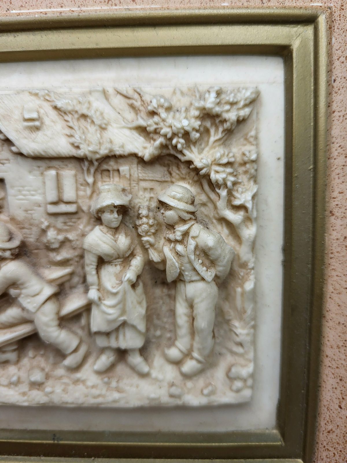 Rare Antique Carved Lava Stone Framed Panel Depicting The Engagement 1800s photo vintage