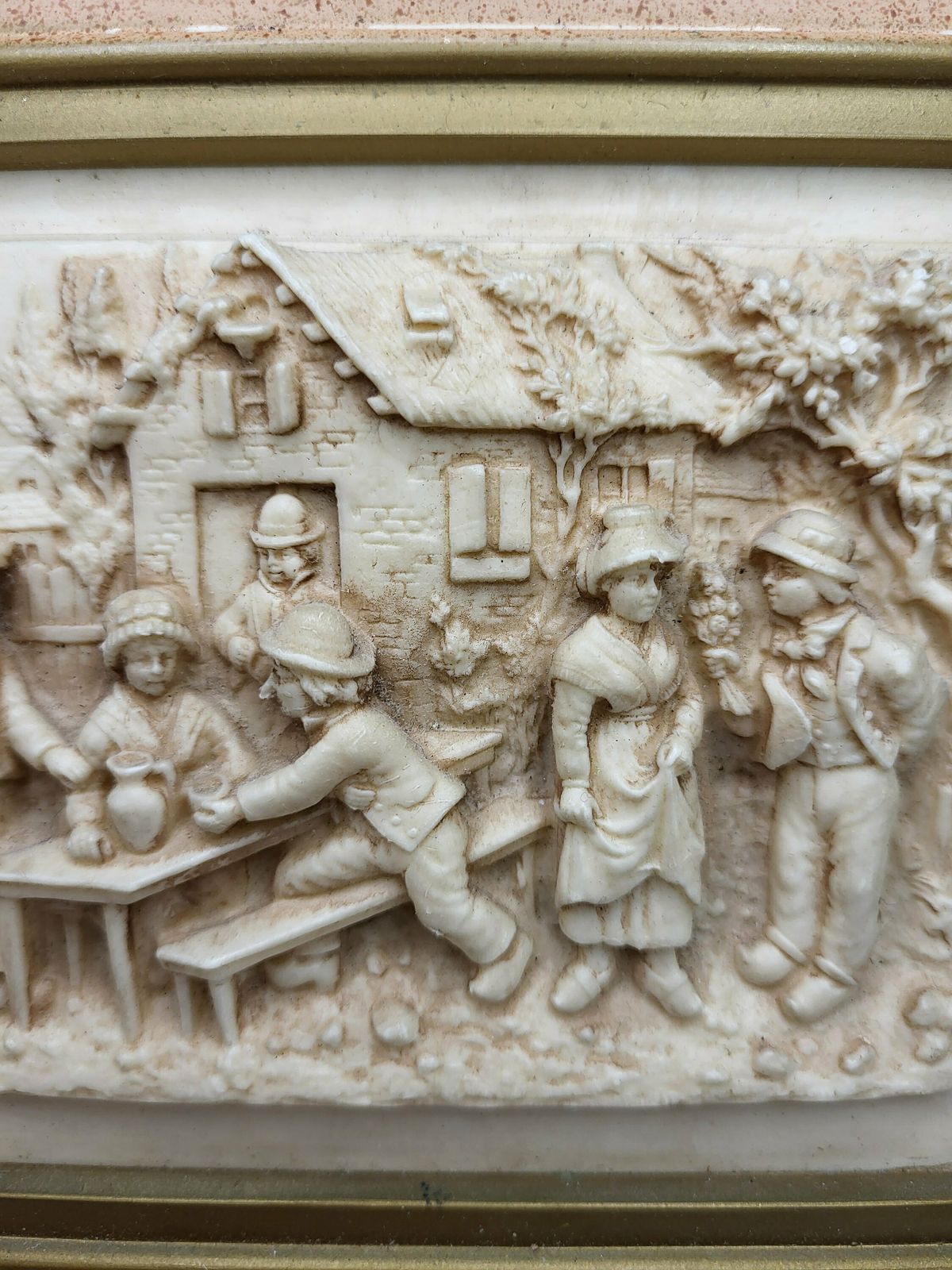 photo furniture Rare Antique Carved Lava Stone Framed Panel Depicting The Engagement 1800s