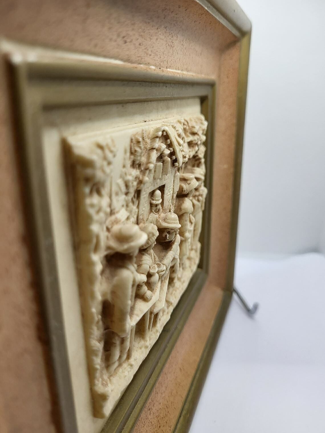 photo vinterior Rare Antique Carved Lava Stone Framed Panel Depicting The Engagement 1800s