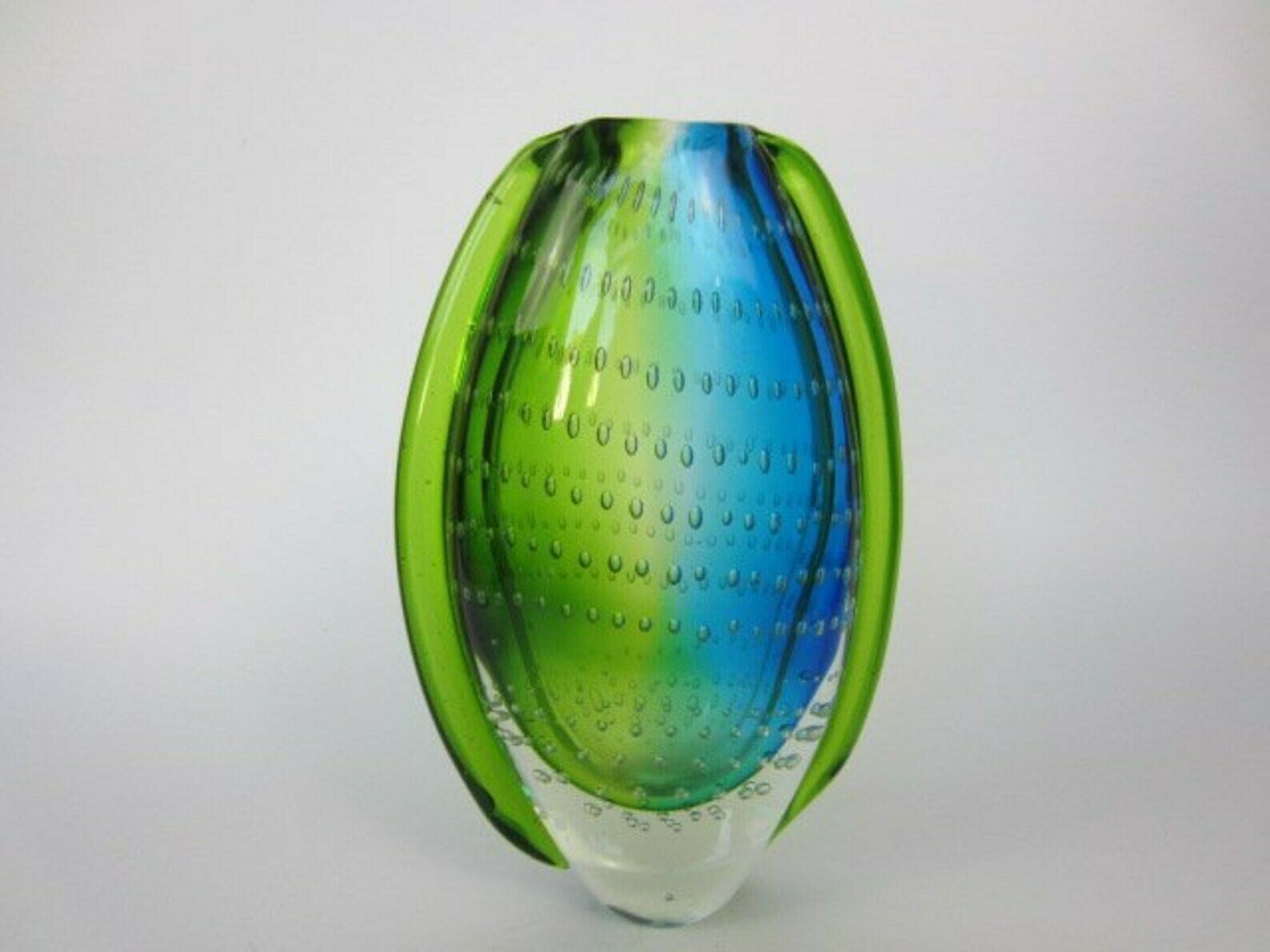 Heavy Oval Shaped Murano Sommerso Style Art Glass Vase Blues Greens & Bullicante photo furniture