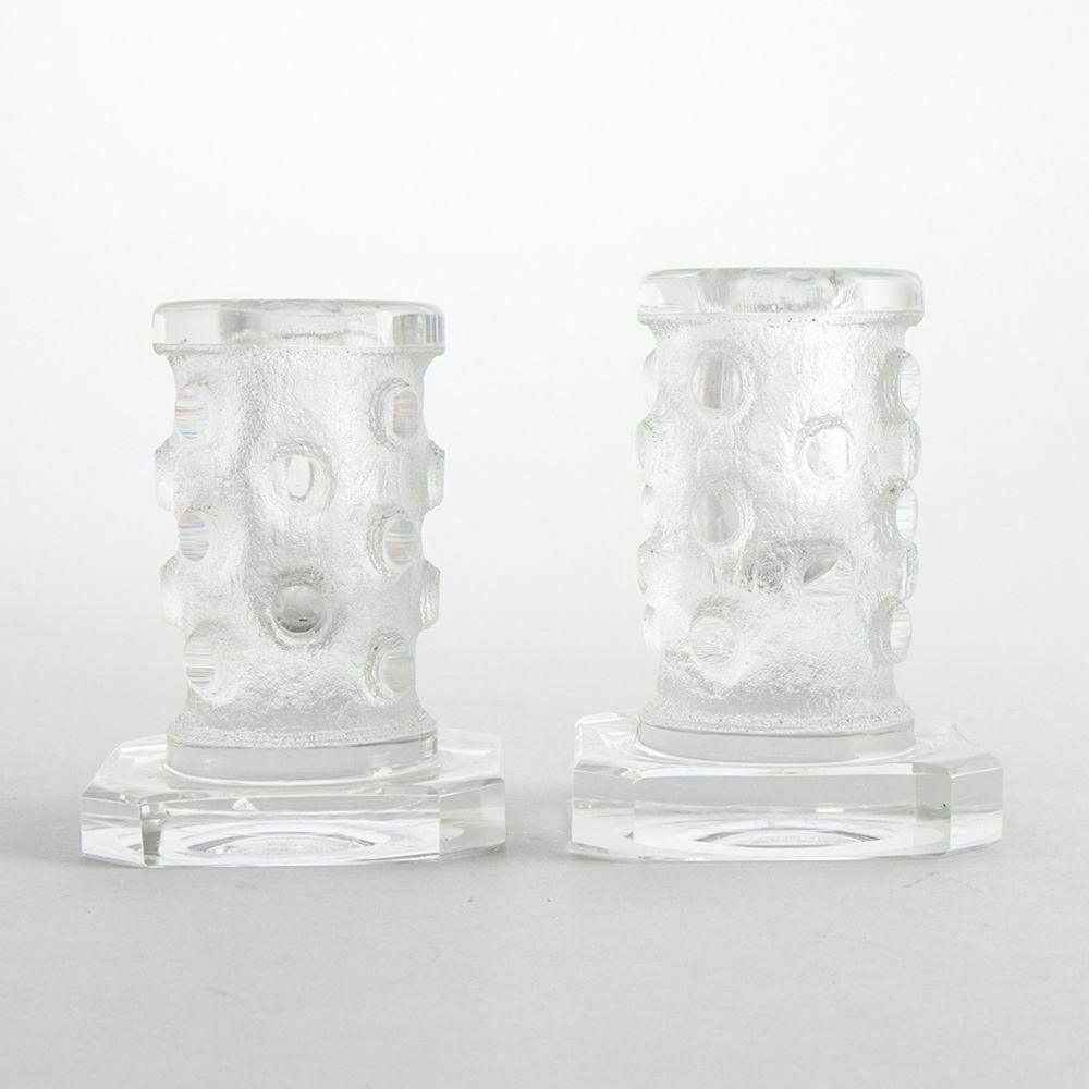 French Art Deco Pair Of Heavy Crystal Candlesticks By Daum C.1930