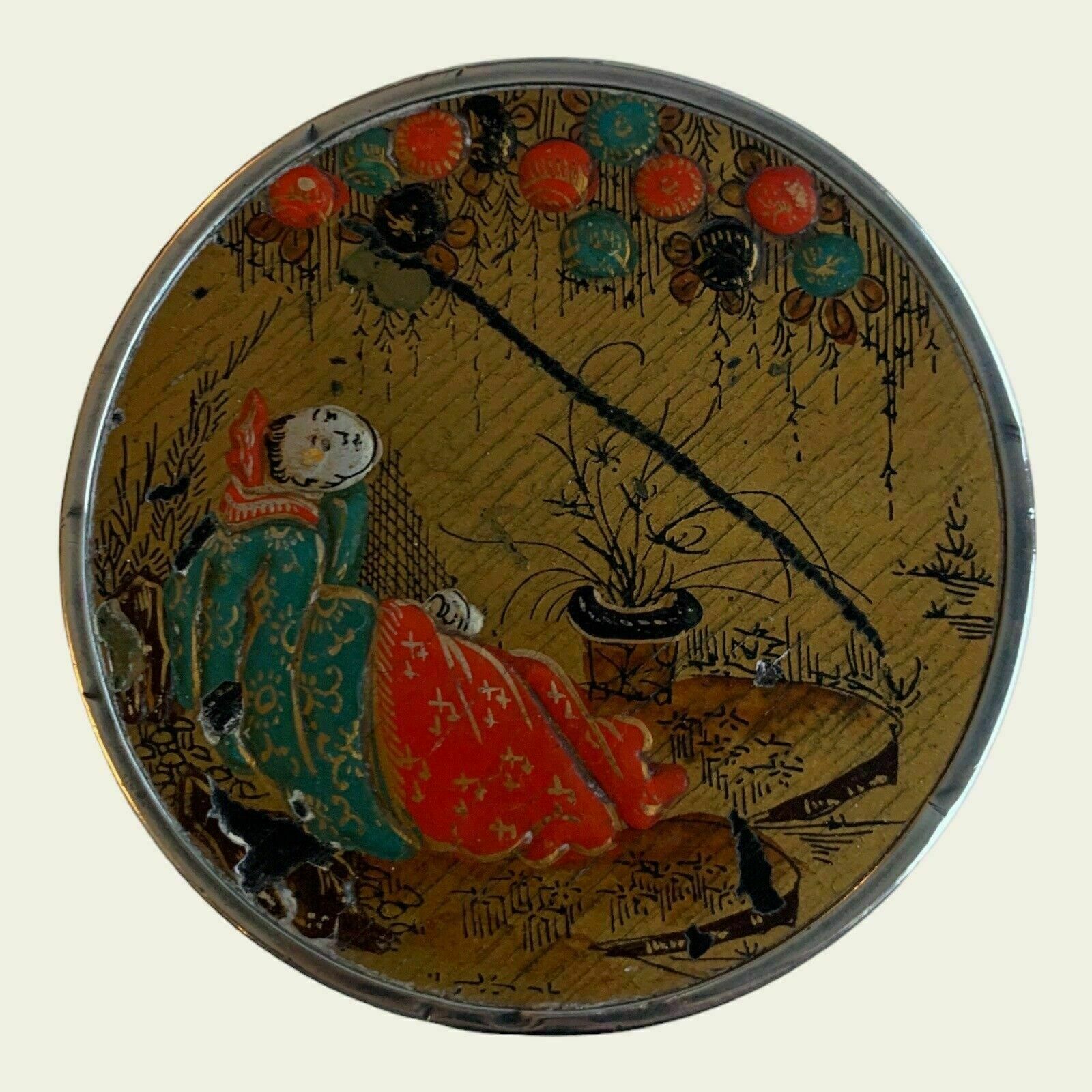 Gorgeous Glass Pot With Enamel Oriental Scene On The Lid And  Hallmarked Sterling Silver Lid photo for sale