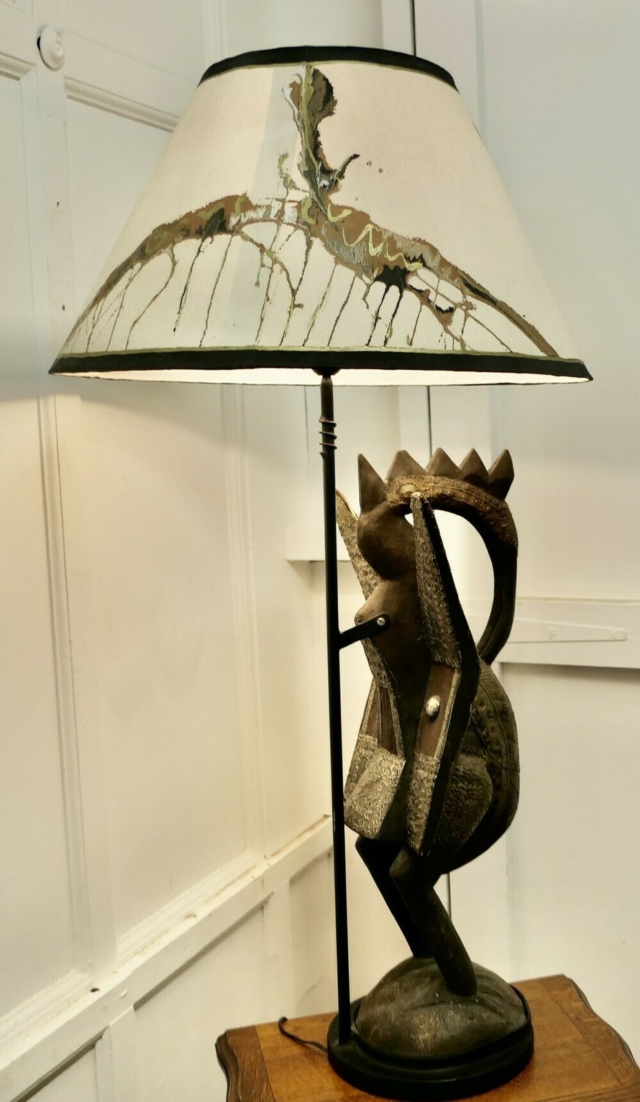 African Senufo Bird Carved Wood Sculpture, Set As A Tall Lamp photo buy