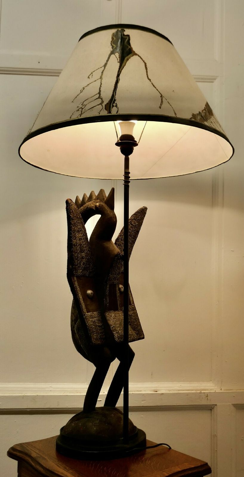 Lighting African Senufo Bird Carved Wood Sculpture, Set As A Tall Lamp photo
