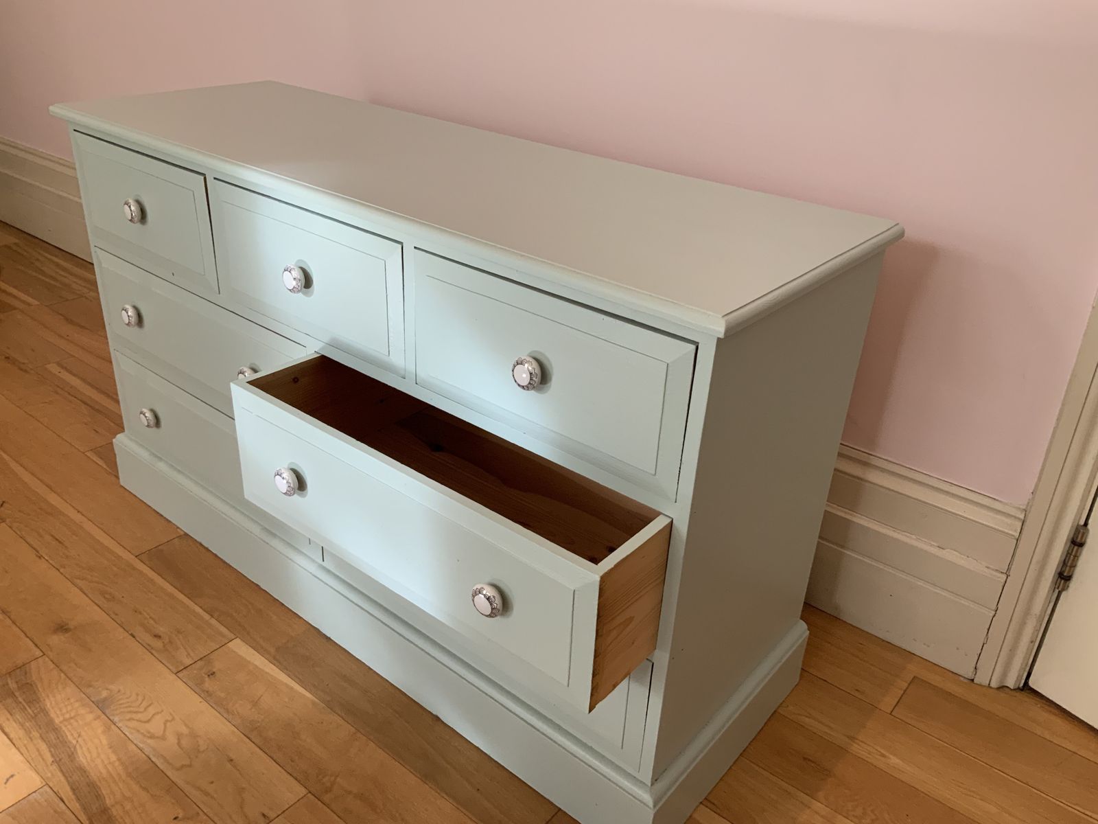 Vintage Blue Painted Chest Of Drawers With Porcelain Knobs photo buy
