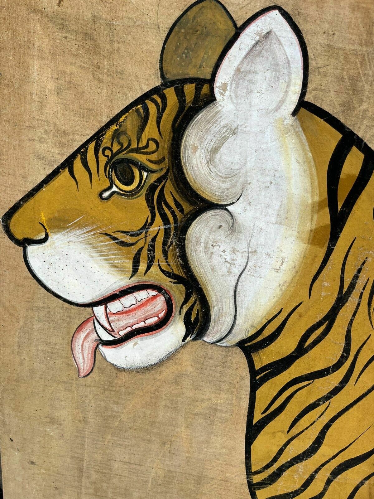 X Large Indian Tiger Painting   Oil On Cloth   1937 Jaipur