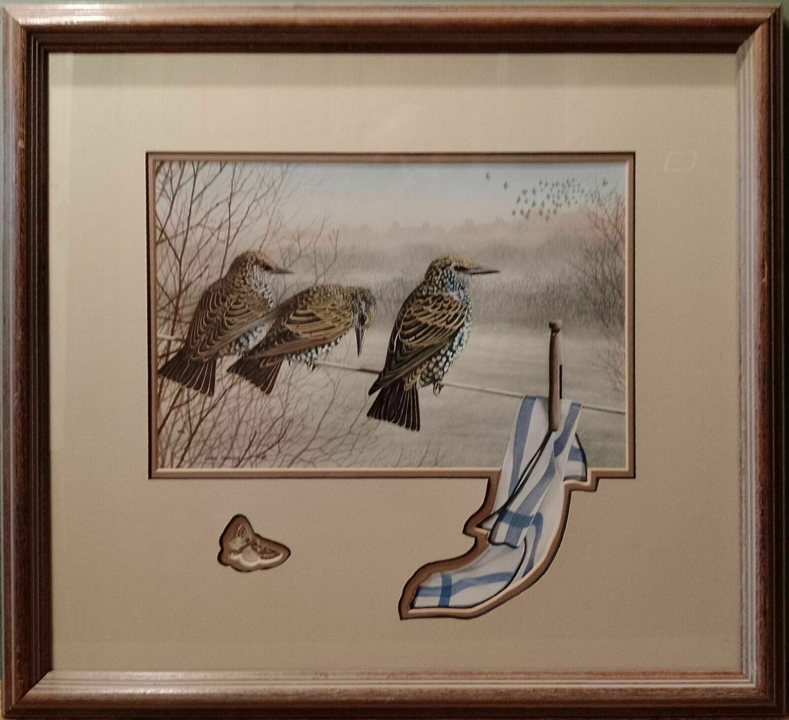 Signed Original Ornithology Gouache Painting Of Bird 3 Starlings Chris Shields photo vintage