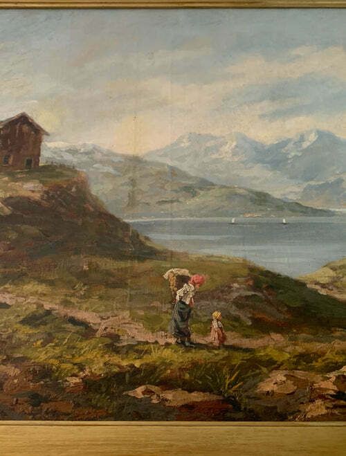 Oil Painting On Canvas Of A Lake Landscape By Adolfo Polaroli, 1920s photo 833.75