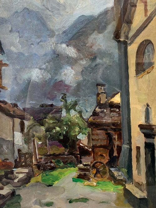 Oil Painting On Canvas Of A Village With A Church By Giovanni Sirombo, 1940s photo furniture