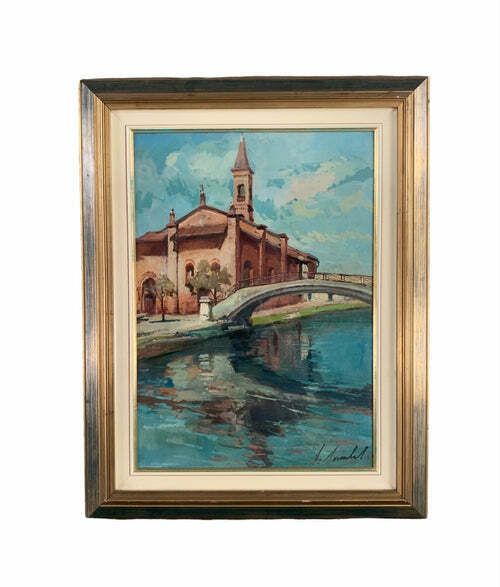 Oil Painting On Canvas Of San Cristoforo In Milan By Lamberto Lamberti, 1950s