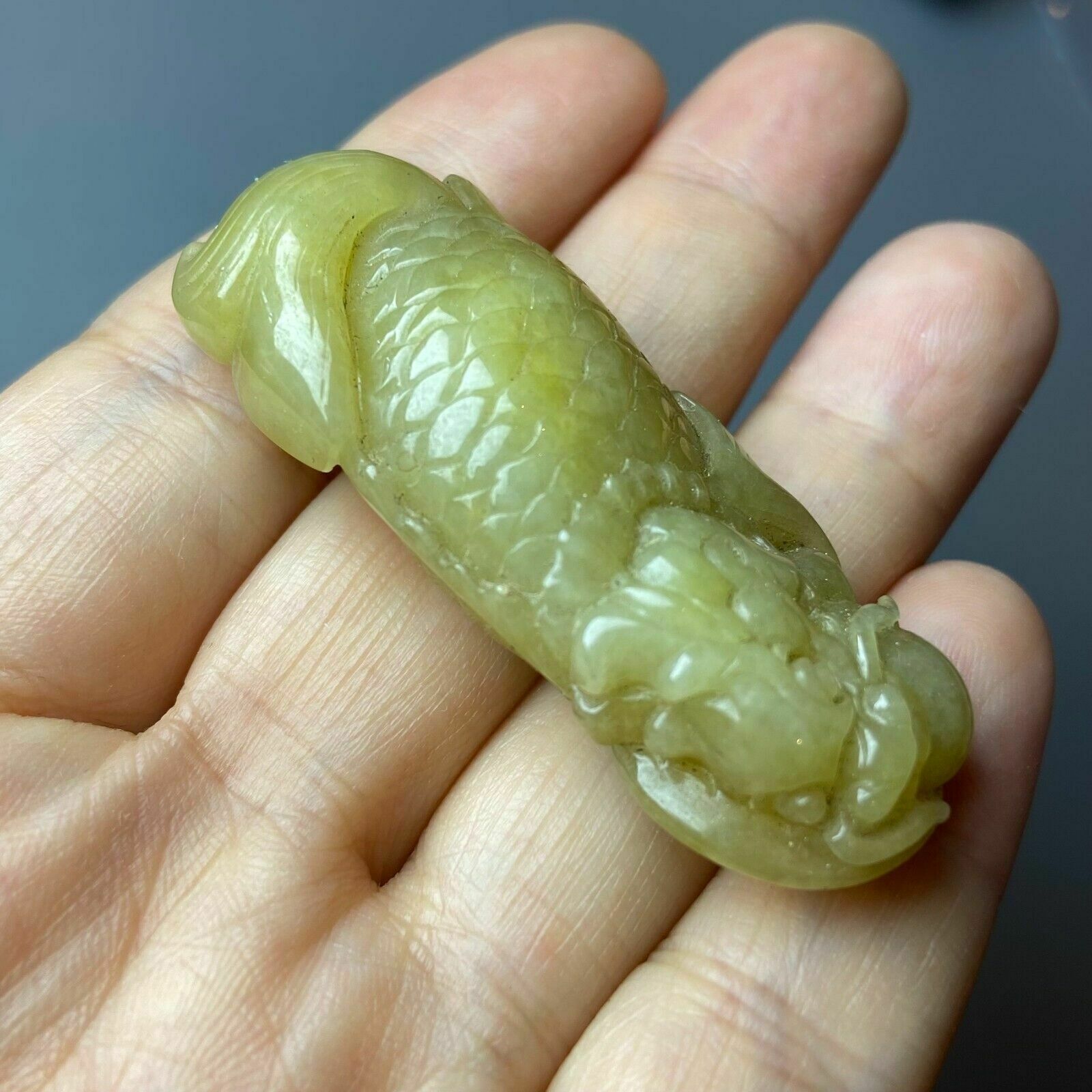 Art Antique Chinese Grade A Yellow Jadeite Jade Statue Caved Dragon Fish photo