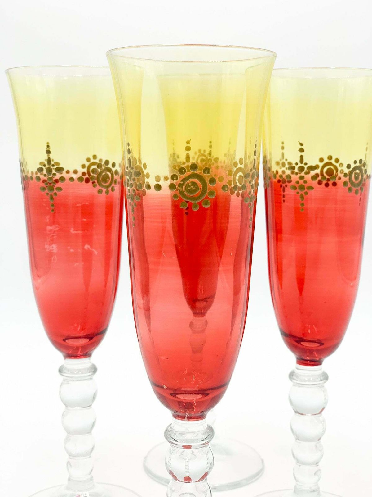 Set Of Four Yellow And Red Murano Glass Goblets From The 1940s