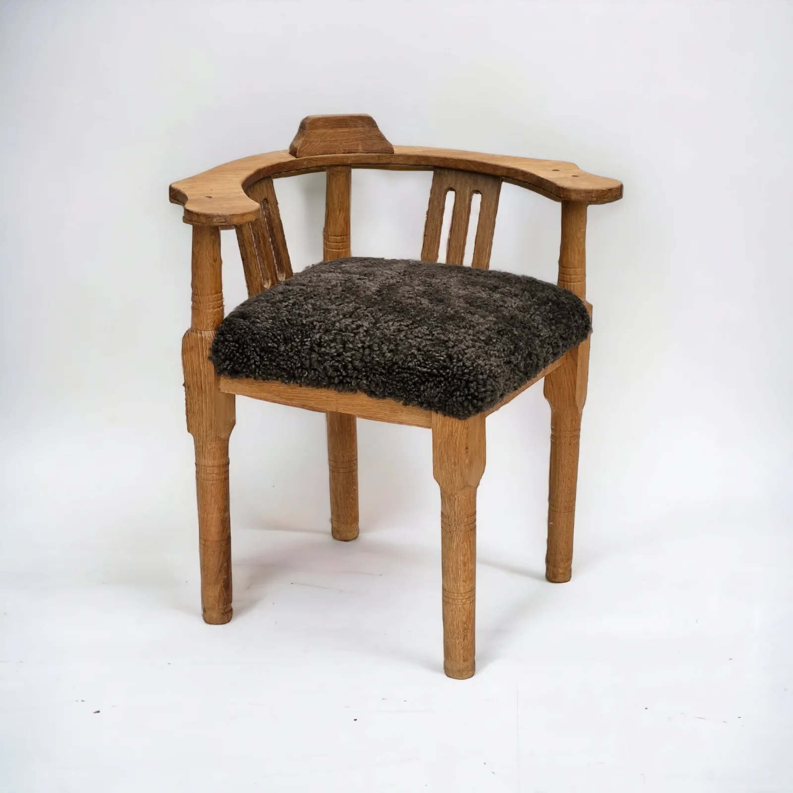 1950s, Danish Design, Reupholstered Armchair, New Zealand Sheepskin, Oak Wood.